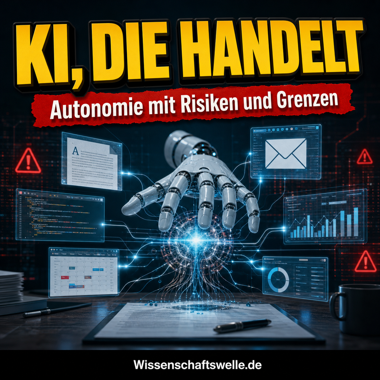 Quadratisches Wissenschaftswelle-Cover mit der Überschrift „KI, die handelt“, rotem Banner „Autonomie mit Risiken und Grenzen“ und einer robotischen Hand über leuchtenden Dokument-, Mail-, Code- und Analyse-Panels.