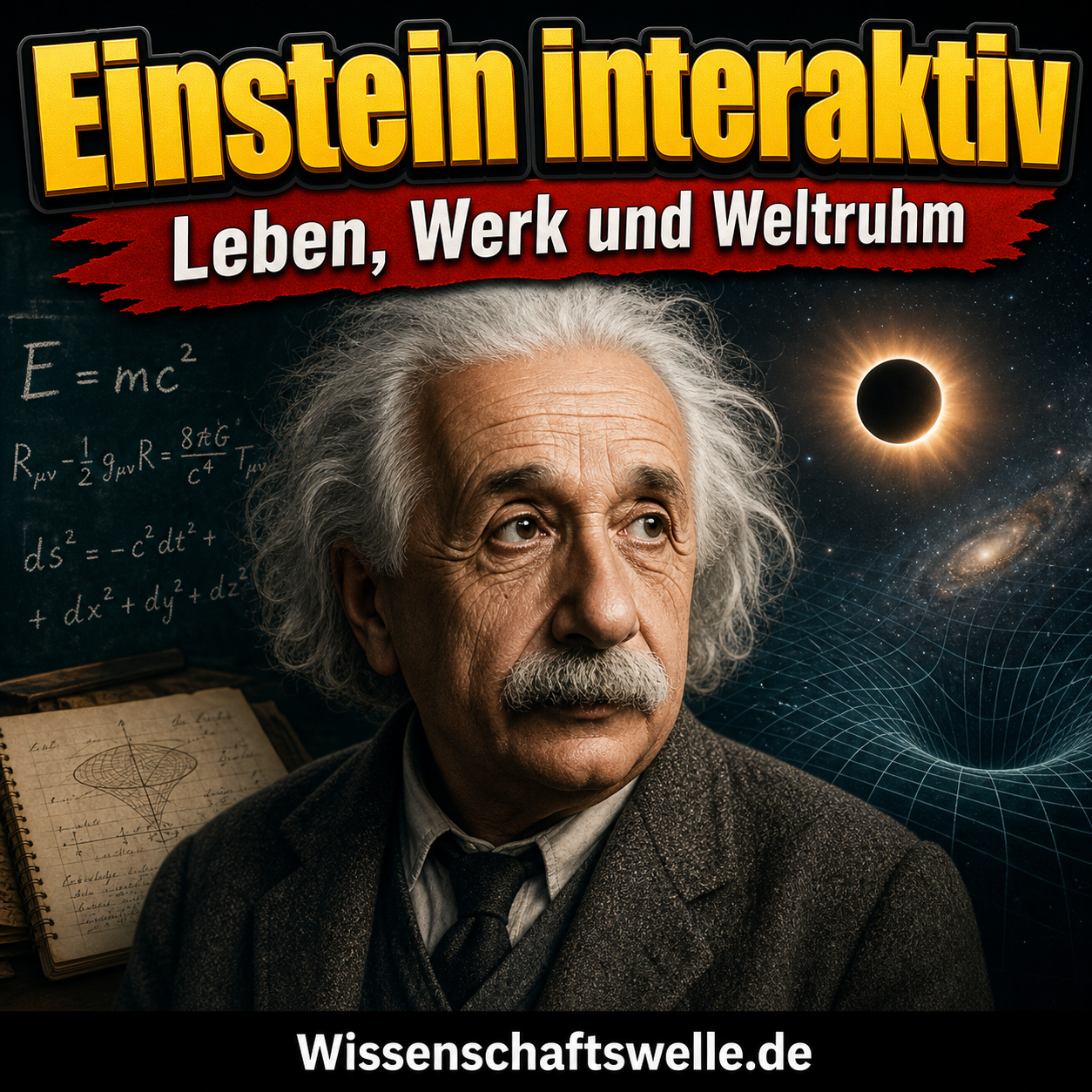 Quadratisches Wissenschaftswelle-Cover mit Albert Einstein im Zentrum, angedeuteten Formeln, Sternenlicht und gekrümmten Raumzeit-Linien; darüber die Headline "Einstein interaktiv" und auf rotem Banner die Subheadline "Leben, Werk und Weltruhm".