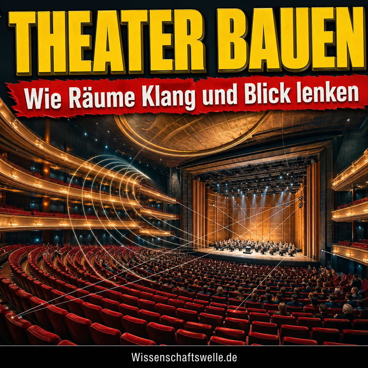 Quadratisches Cover mit einem großen Theaterinnenraum, geschwungenen roten Sitzreihen und beleuchteten Rängen vor einer hellen Bühne. Oben steht in gelber 3D-Typografie „Theater bauen“, darunter auf rotem Banner „Wie Räume Klang und Blick lenken“.