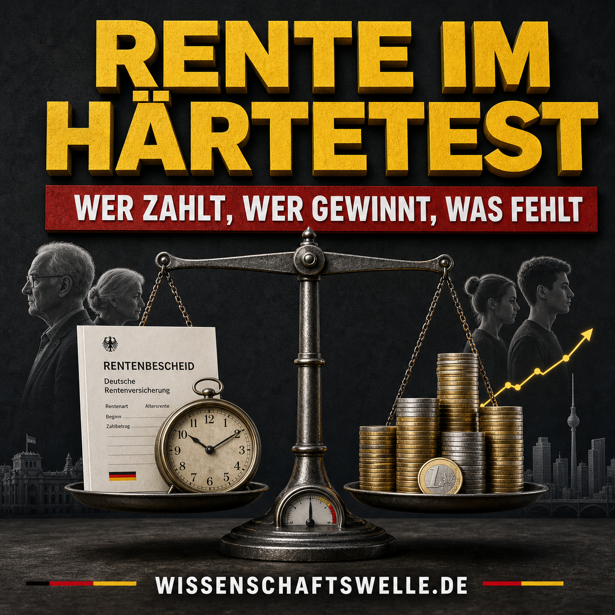 Wissenschaftswelle-Cover mit gelber Überschrift Rente im Härtetest, rotem Banner und einer Waage zwischen Rentenbescheid, Uhr und Münzstapel.