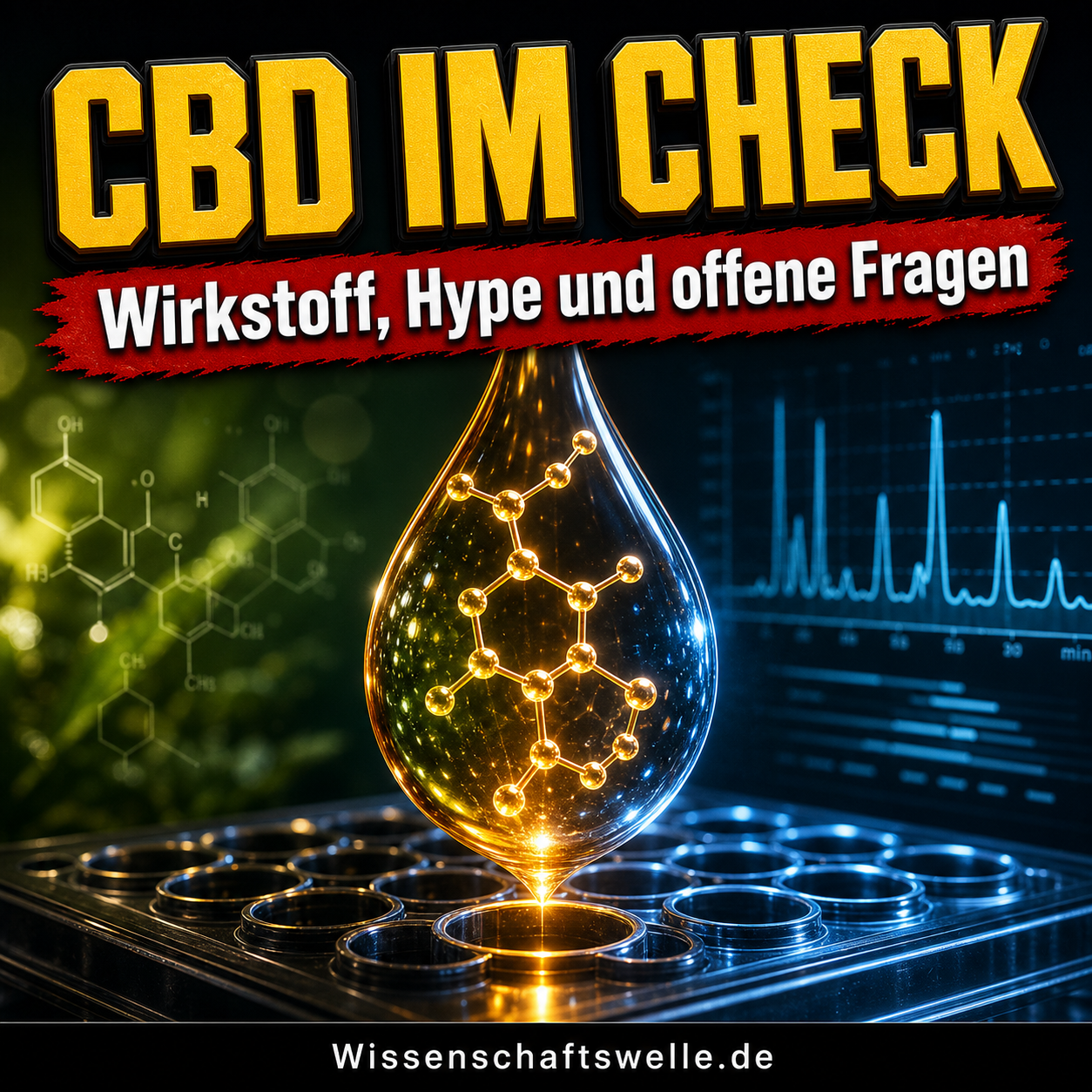 Wissenschaftswelle-Cover zu CBD: Ein leuchtender amberfarbener Öltropfen mit Molekülstruktur schwebt über einer Laborplatte zwischen Pflanzenreflexen und klinischen Datenlinien.
