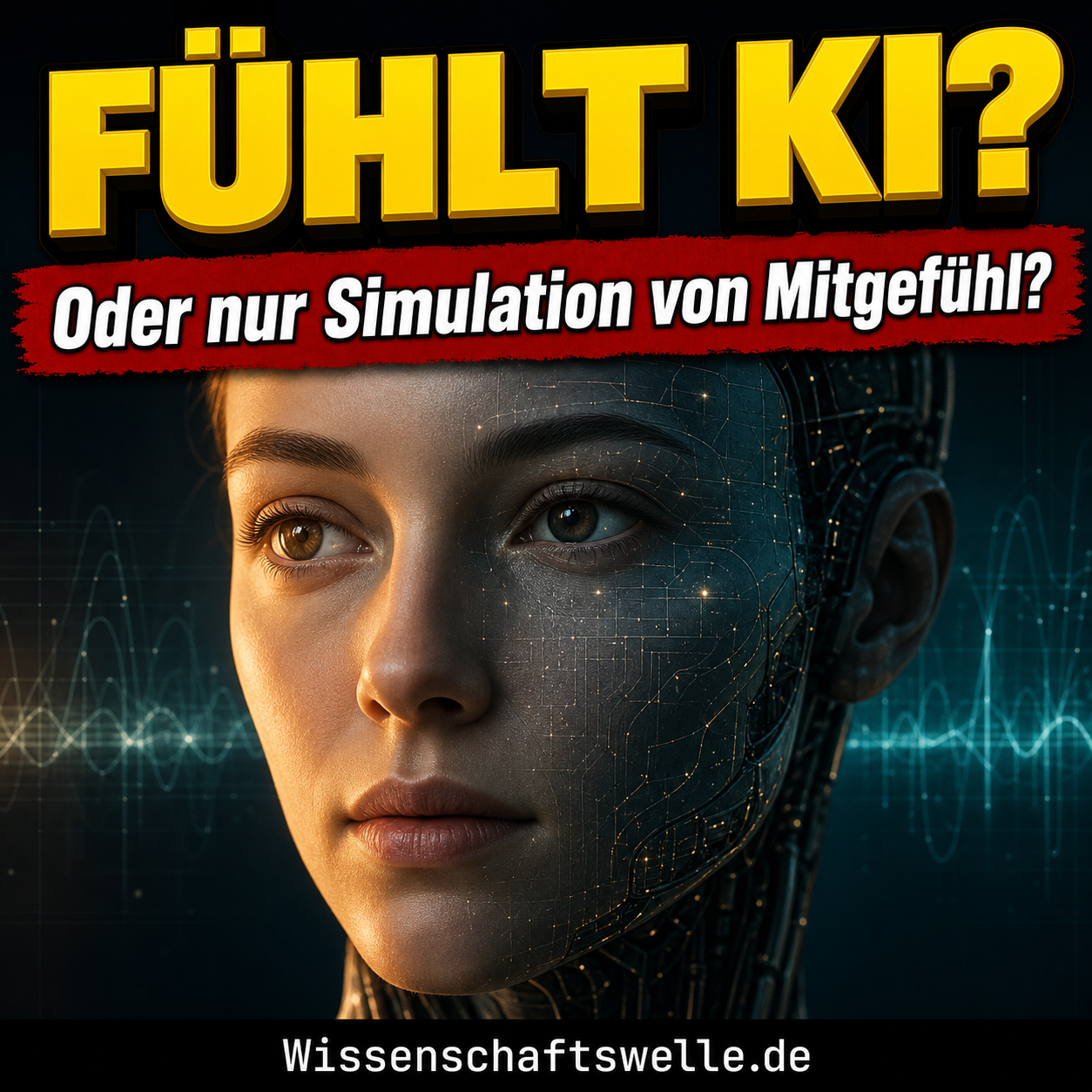 Nahes Porträt eines humanoiden Robotergesichts mit warmem Blick, halb in goldenes Licht getaucht, halb mit sichtbaren Leiterbahnen und digitalem Muster vor dunklem Hintergrund.