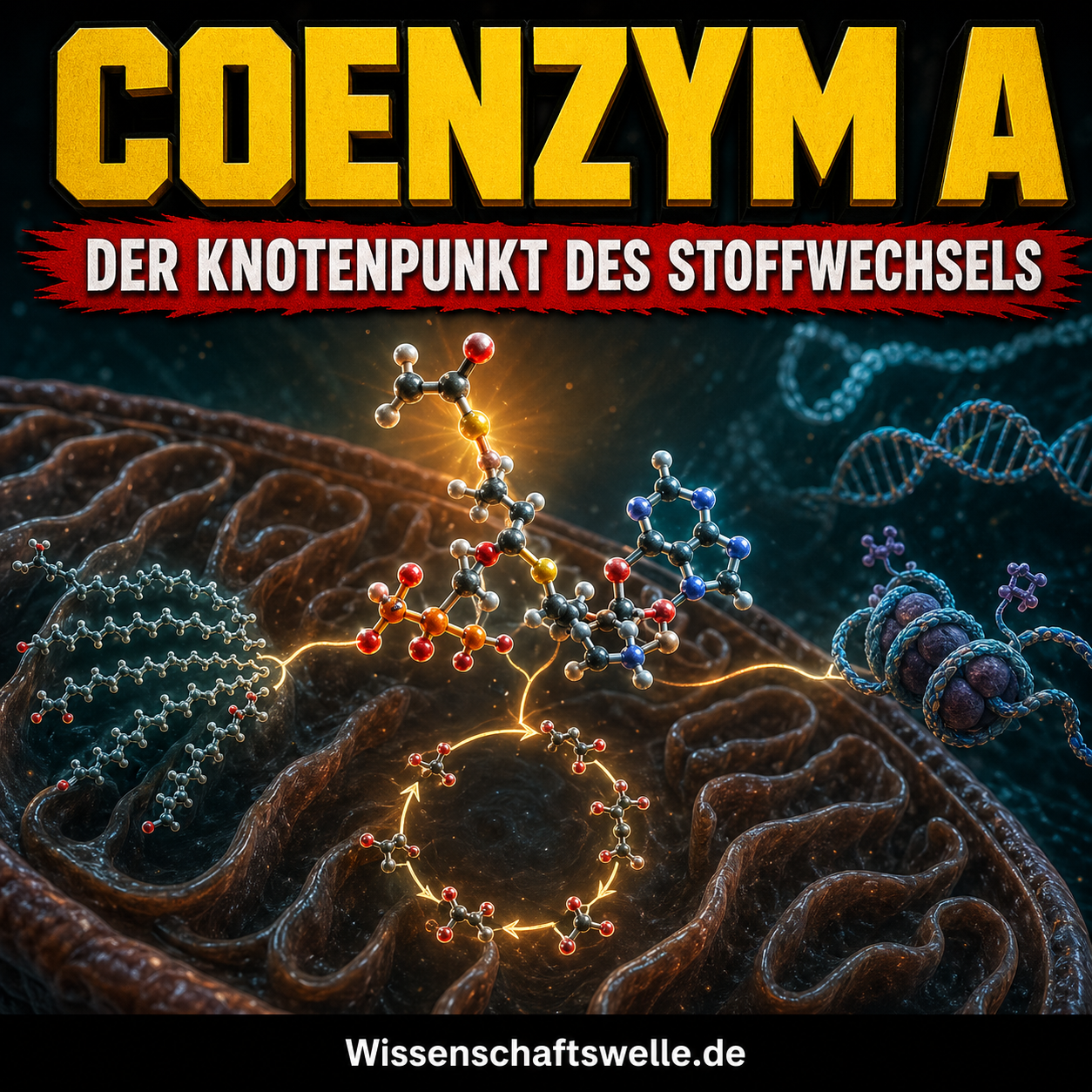 Leuchtende Molekülstruktur von Coenzym A vor einer stilisierten Mitochondrien-Szene mit der Überschrift „Coenzym A“ und dem Untertitel „Der Knotenpunkt des Stoffwechsels“.