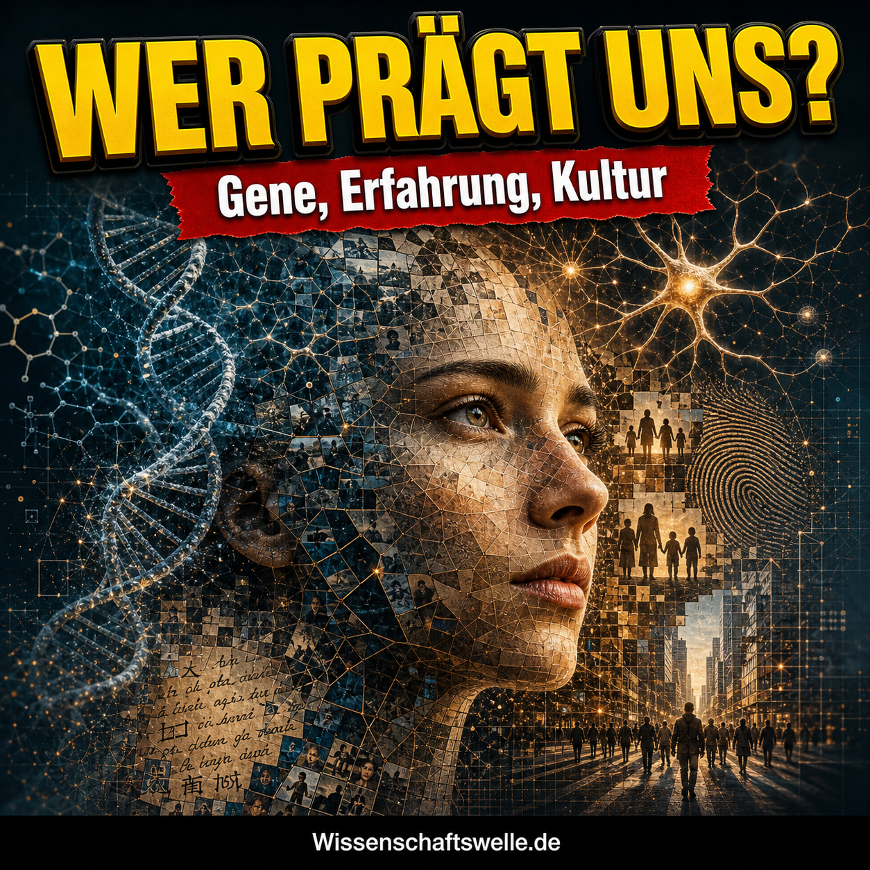 Porträt eines menschlichen Gesichts als Mosaik aus DNA, Nervennetzen, Fingerabdruck, Stadt und sozialen Szenen.