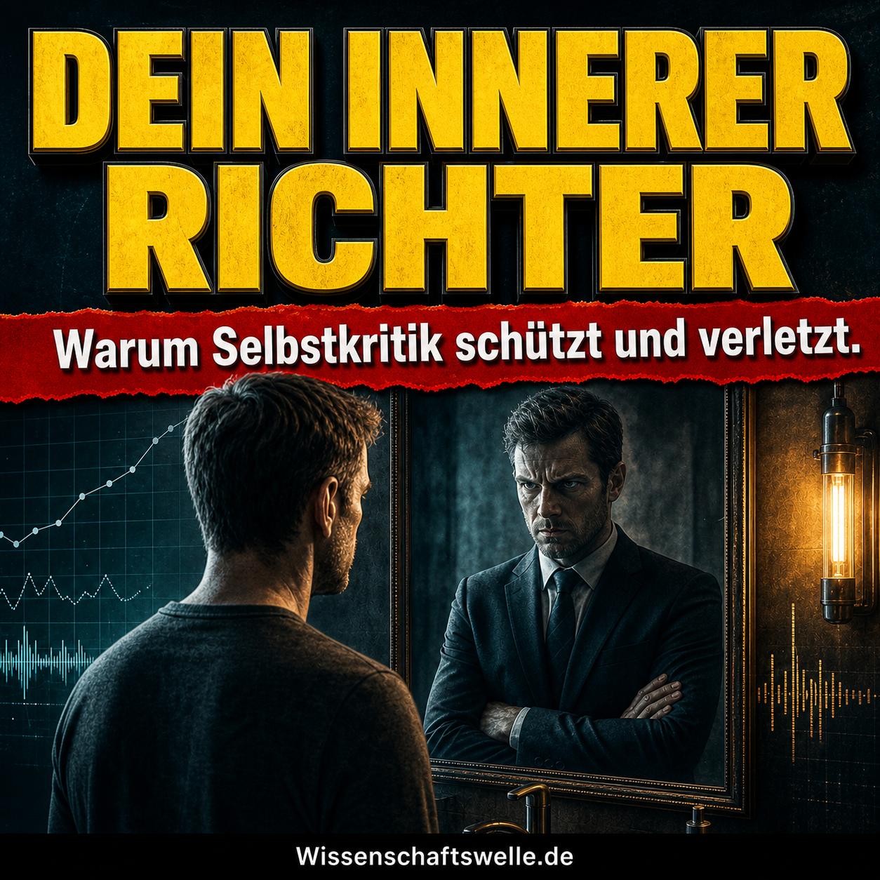 Eine nachdenkliche Person vor einem Spiegel, in dem sich statt des Gesichts ein strenger, richterlicher Schatten abzeichnet; darüber gelbe Schlagzeile und rotes Banner im Wissenschaftswelle-Stil.