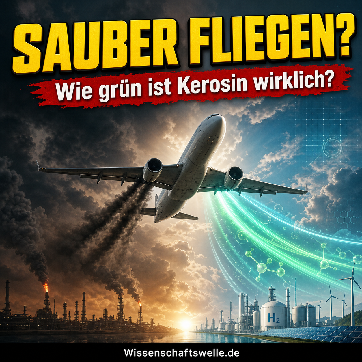 Quadratisches Cover mit einem startenden Passagierflugzeug vor dramatischem Himmel, gelber Überschrift „SAUBER FLIEGEN?“ und rotem Banner „Wie grün ist Kerosin wirklich?“; links dunkler Abgasdunst, rechts blaugrüne Energieakzente und industrielle Silhouetten für synthetischen Flugkraftstoff.