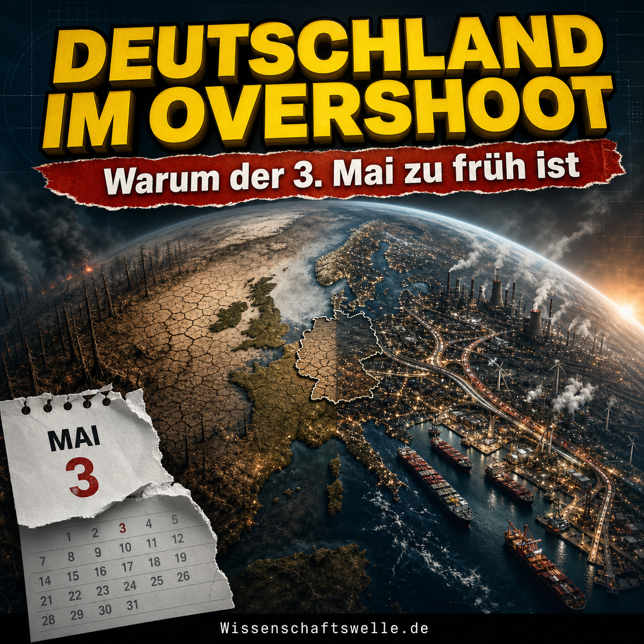Quadratisches Cover mit einem halb verdorrten, halb industriell überlagerten Planeten Erde, gelber Überschrift „Deutschland im Overshoot“ und rotem Banner mit dem Text „Warum der 3. Mai zu früh ist“.