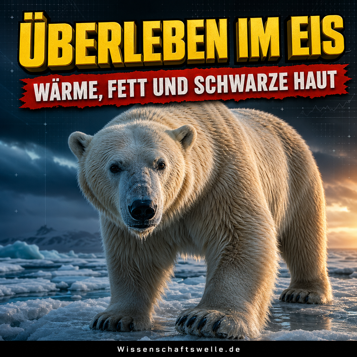 Ein Eisbär steht auf zerbrochenem Meereis im kalten Abendlicht; darüber stehen die Worte „Überleben im Eis“ und darunter „Wärme, Fett und schwarze Haut“.