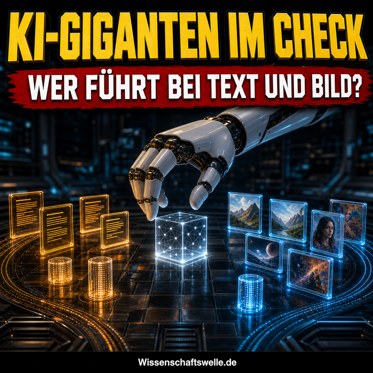 Futuristische Schachbrett-Szene mit leuchtenden KI-Symbolen, Chatfenstern und Bildflächen als Sinnbild für den Wettkampf zwischen Sprachmodellen und Bildgeneratoren.