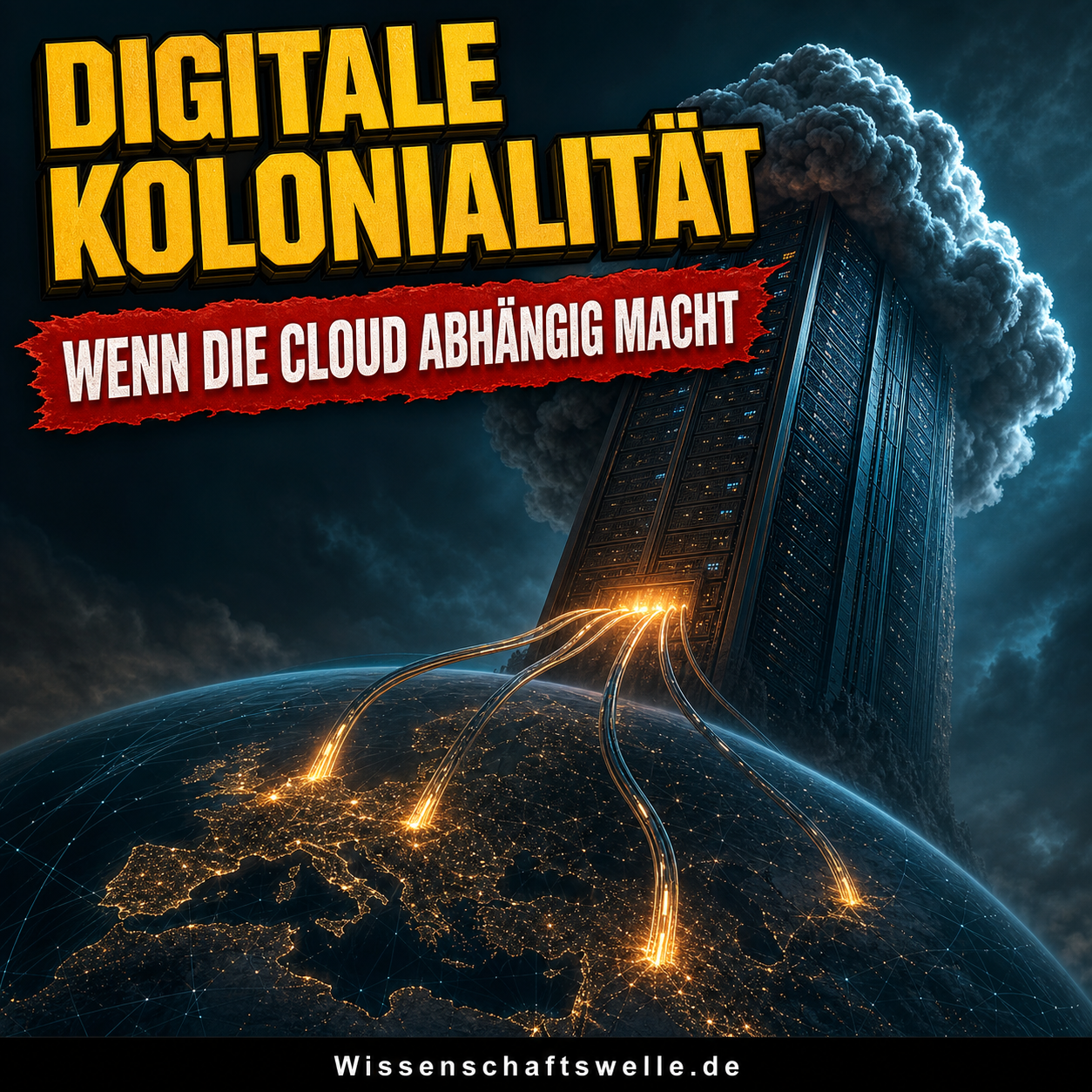 Ein riesiger Serverturm ragt wie ein Monolith aus dunklen Wolken über der Erde auf, während leuchtende Datenkabel Licht aus Städten ziehen. Darüber steht die Headline Digitale Kolonialität, im roten Banner Wenn die Cloud abhängig macht.