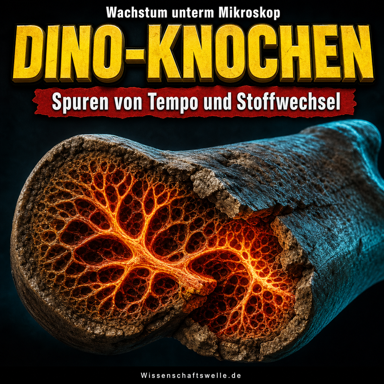 Ein aufgebrochener fossiler Dinosaurierknochen im Querschnitt zeigt ein leuchtend verästeltes Netz ehemaliger Gefäßkanäle vor dunklem Hintergrund.