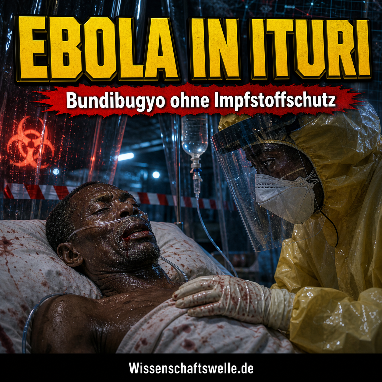 Quadratisches Wissenschaftswelle-Cover mit gelber Überschrift „EBOLA IN ITURI“, rotem Banner „Bundibugyo ohne Impfstoffschutz“, einem schwerkranken Ebola-Patienten im Isolationsbett und einer Pflegekraft in gelber Schutzausrüstung.