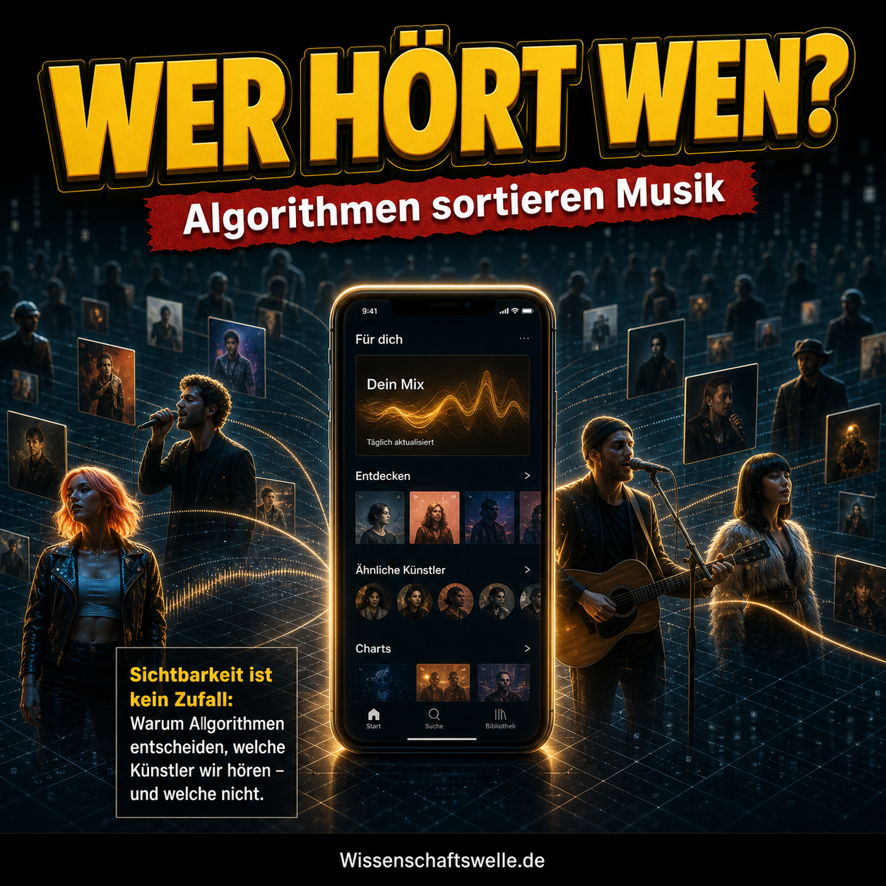 Ein leuchtendes Smartphone mit Musikempfehlungen steht zwischen hell ausgeleuchteten und im Hintergrund verblassenden Musikerinnen und Musikern; darüber steht Wer hört wen? und auf einem roten Banner Algorithmen sortieren Musik.