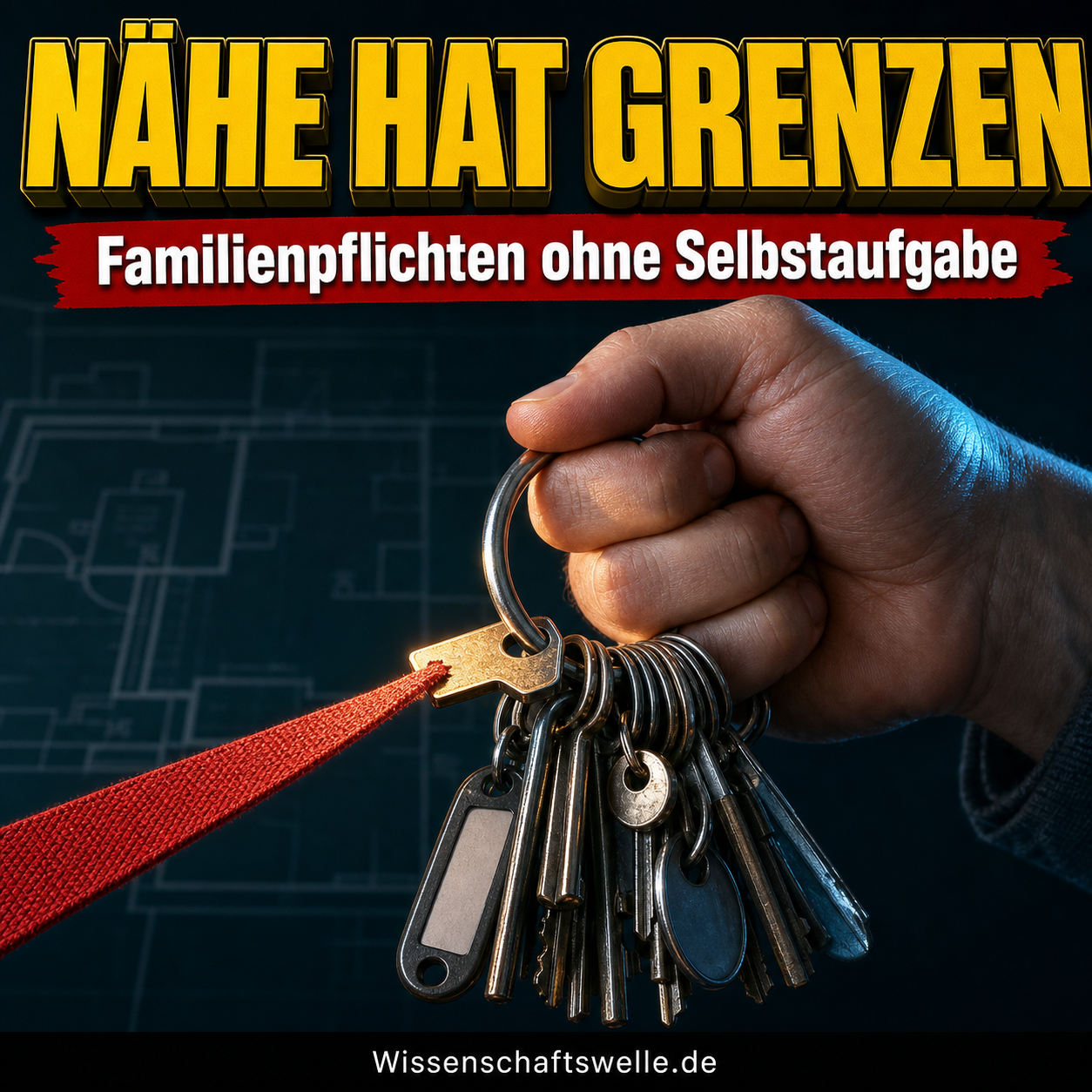 Hand hält einen überladenen Schlüsselbund an einer roten Begrenzung; darüber steht NÄHE HAT GRENZEN.