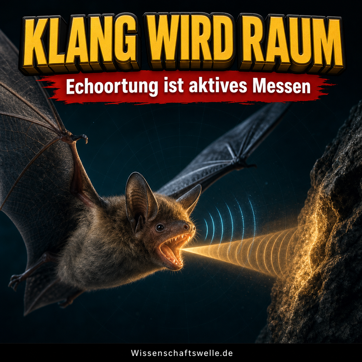 Fliegende Fledermaus, deren ausgesandter Schall als fokussierte Welle auf eine Kante trifft und als Echo zu ihren Ohren zurückkehrt.