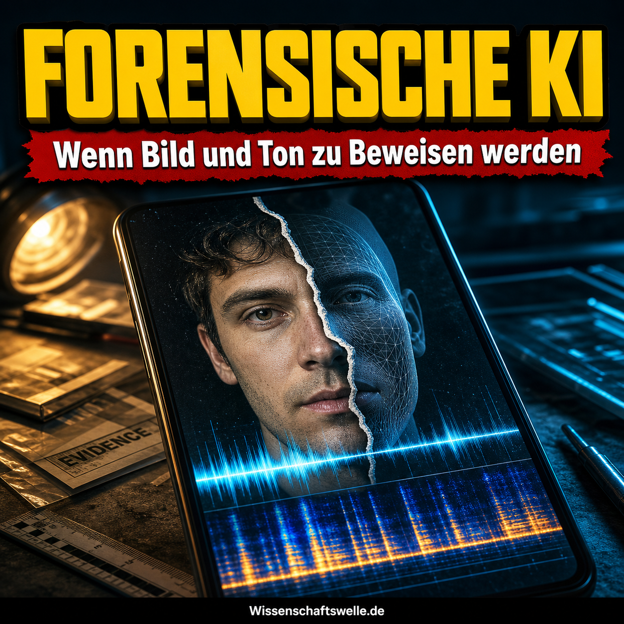 Smartphone auf einem forensischen Beweistisch mit halb realem, halb synthetischem Gesicht und leuchtendem Audio-Spektrogramm