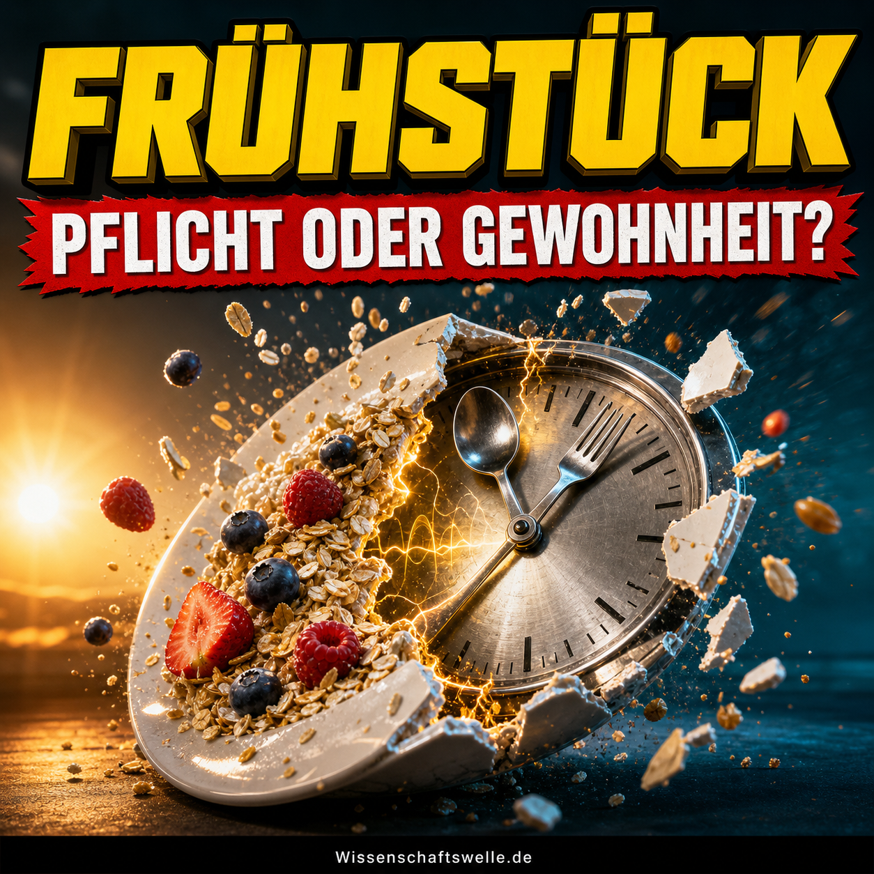 Ein zerbrechender Frühstücksteller verwandelt sich in eine Metalluhr, darüber stehen die Worte „Frühstück“ und „Pflicht oder Gewohnheit?“
