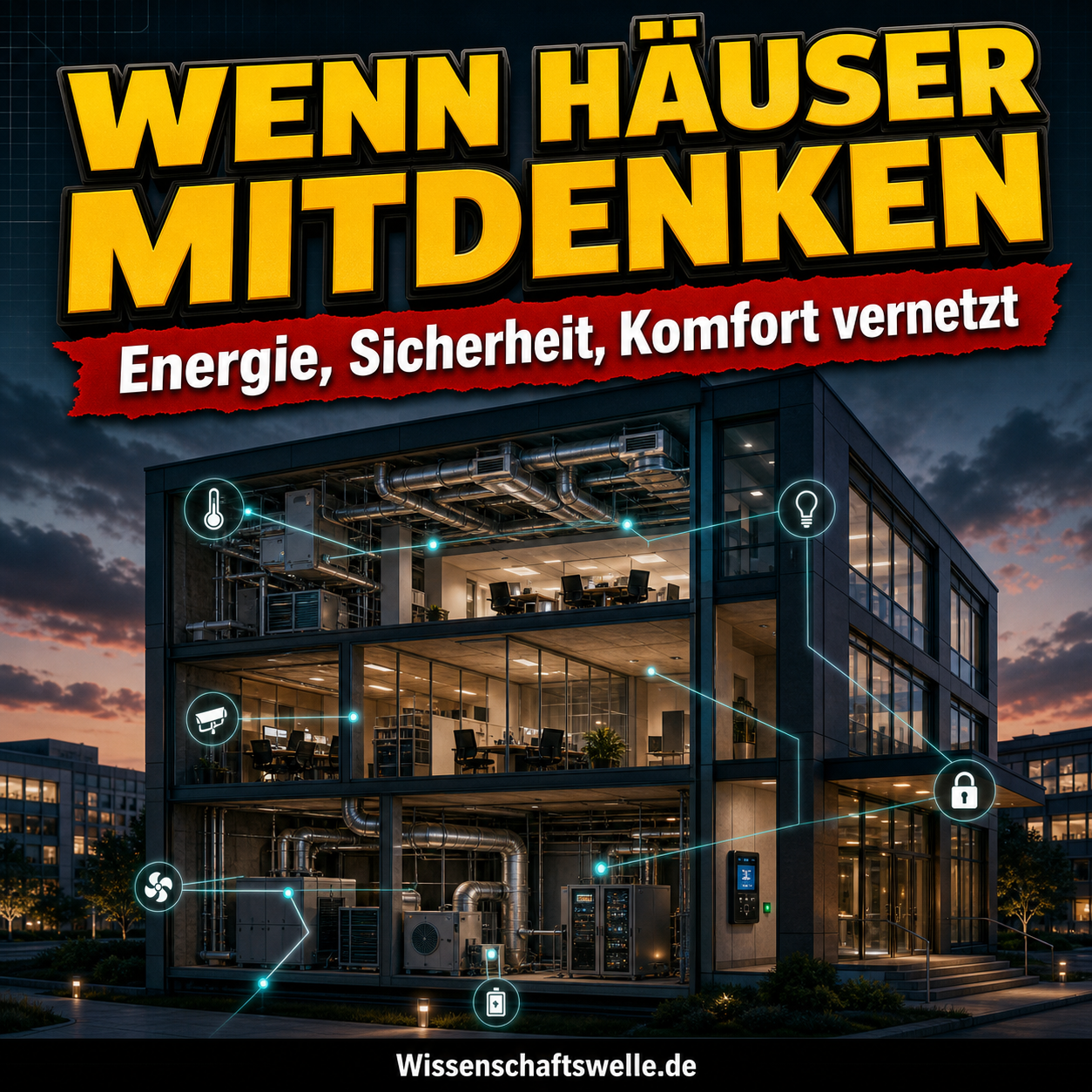 Quadratisches Cover mit einem aufgeschnitten dargestellten modernen Bürogebäude bei Abendlicht, sichtbarer Gebäudetechnik, leuchtenden Sensor- und Steuerlinien sowie der Headline „Wenn Häuser mitdenken“ und dem Banner „Energie, Sicherheit, Komfort vernetzt“.