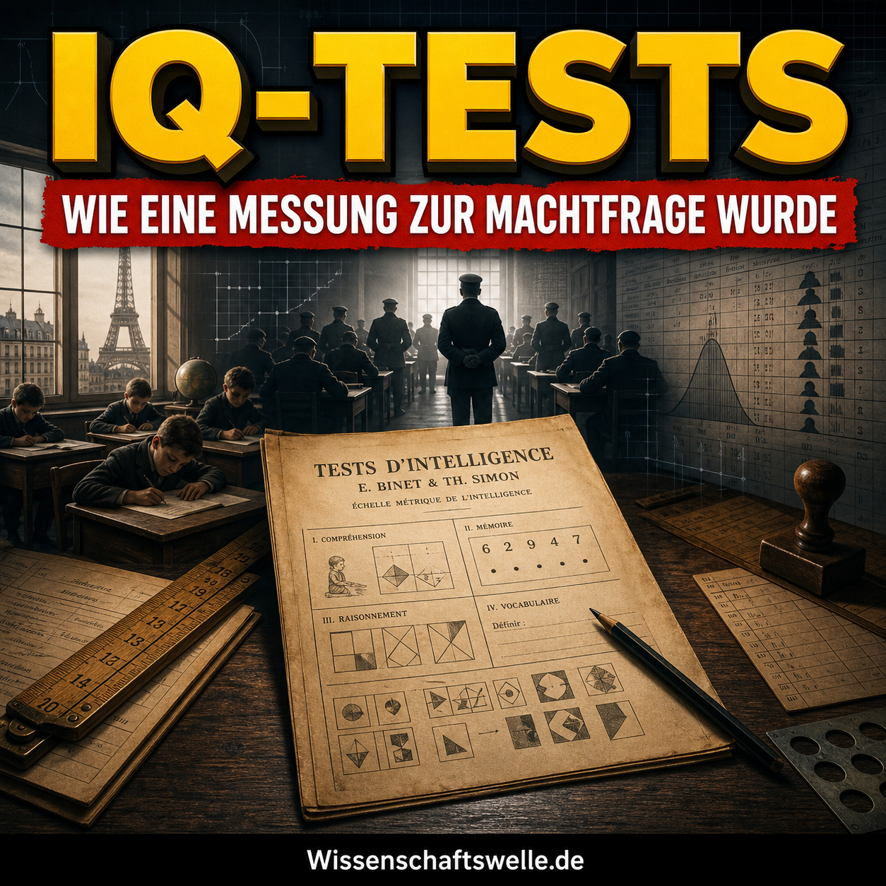 Ein historischer Intelligenztestbogen von Binet und Simon liegt auf einem Schreibtisch, dahinter sitzen Kinder in einem Klassenzimmer und Rekruten in einer Prüfungshalle, flankiert von Maßstäben, Diagrammen und Verwaltungslisten.
