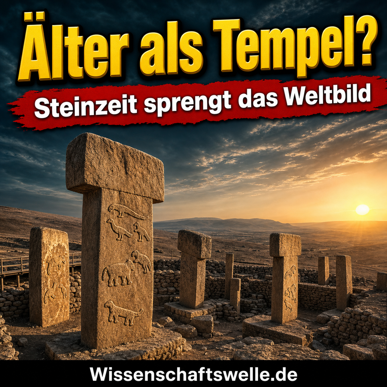 Quadratisches Cover mit monumentalen T-förmigen Steinpfeilern von Göbekli Tepe im dramatischen Morgenlicht, feinen Tierreliefs, gelber Überschrift „Älter als Tempel?“ und rotem Banner mit dem Text „Steinzeit sprengt das Weltbild“.