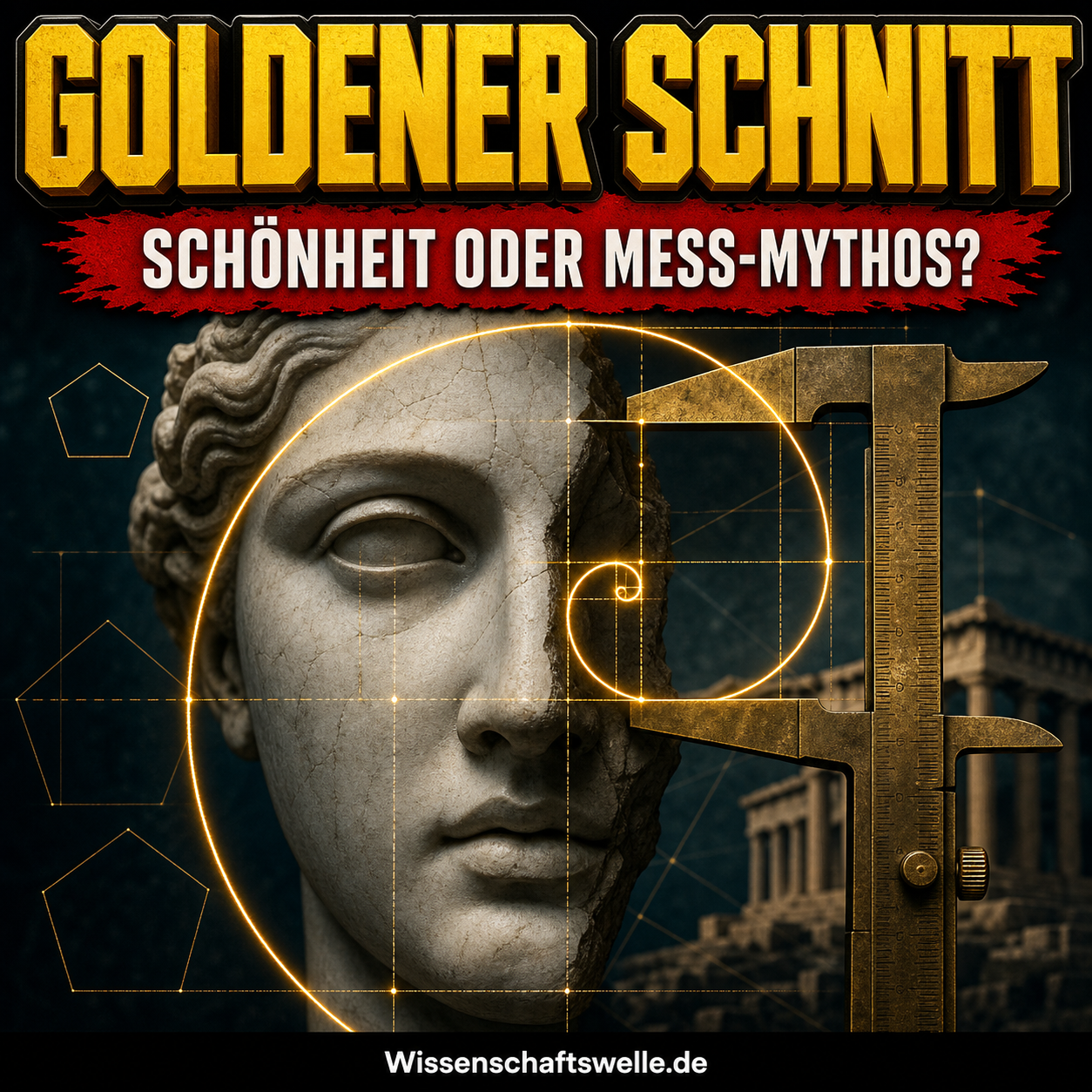 Marmorne antike Gesichtsstatue vor goldenem Spiralraster und Messschieber mit den Titelzeilen „Goldener Schnitt“ und „Schönheit oder Mess-Mythos?“