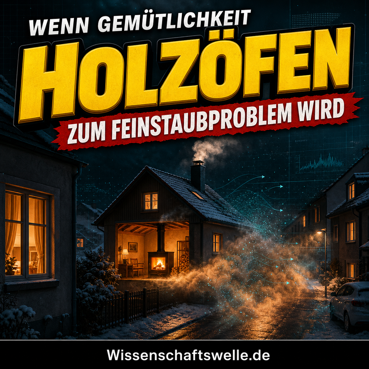 Quadratisches Cover mit nächtlicher Winterstraße, einem sichtbar brennenden Holzofen im Haus, einer über die Straße ziehenden Rauch- und Partikelwolke sowie den Texten 'WENN GEMÜTLICHKEIT', 'HOLZÖFEN' und 'ZUM FEINSTAUBPROBLEM WIRD'.