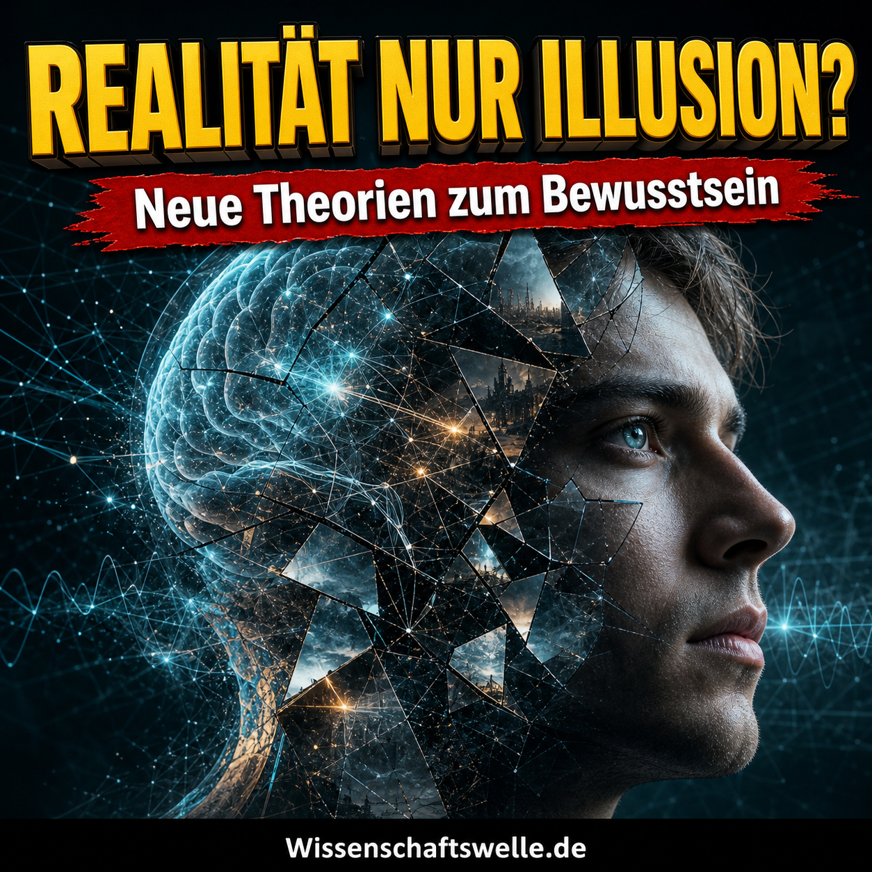 Quadratisches Titelbild mit einem menschlichen Kopf im Profil, der aus Lichtschichten, neuronalen Mustern und einem zerbrechenden Spiegelraum aufgebaut ist; darüber die Headline zur Frage, ob unsere Realität nur eine Illusion ist, und darunter ein roter Banner zum neuen Blick auf das Bewusstsein.