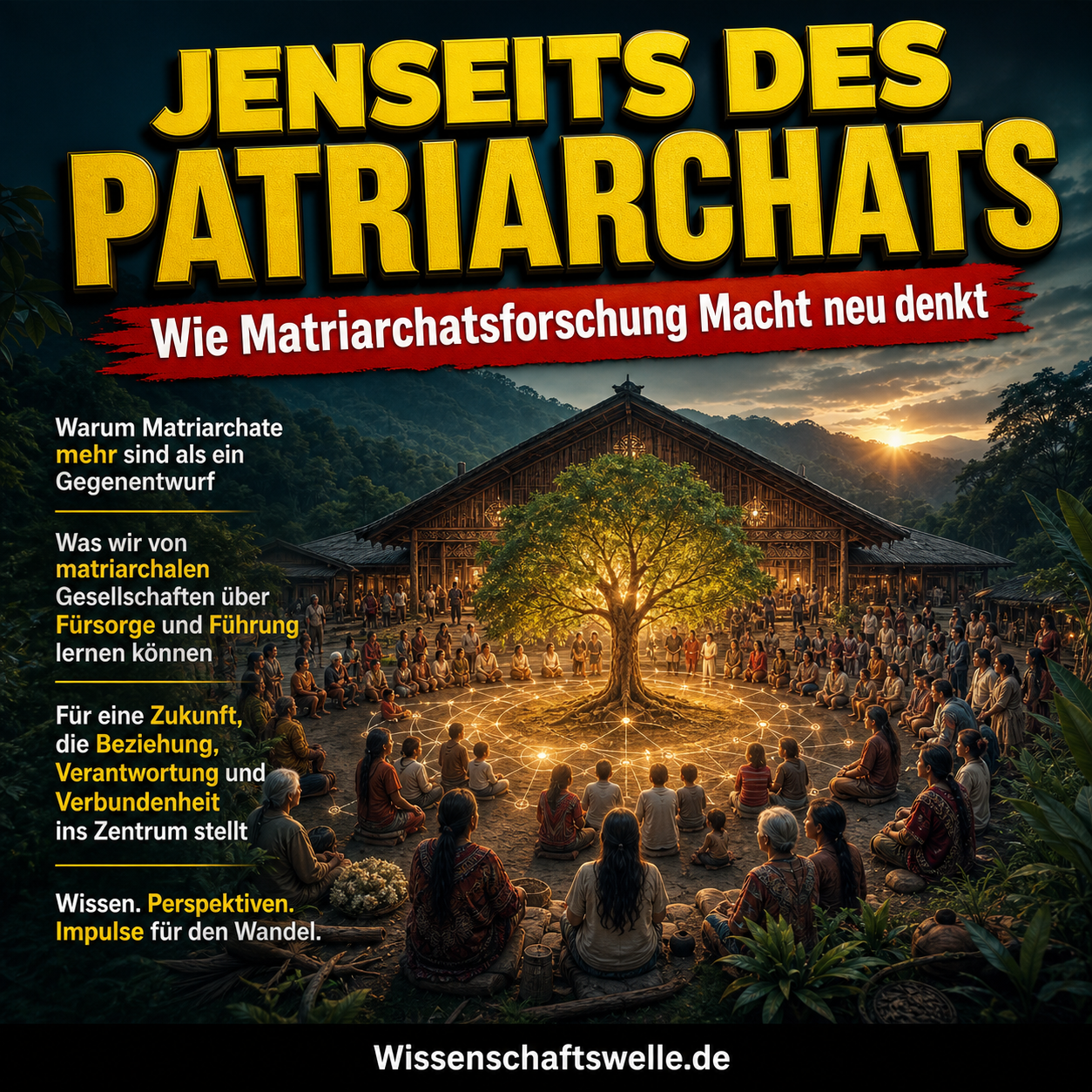 Quadratisches Wissenschaftswelle-Cover mit einer kreisförmig angeordneten Gemeinschaft um ein zentrales Haus und einen leuchtenden Lebensbaum, darüber die gelbe 3D-Überschrift „JENSEITS DES PATRIARCHATS“ und im roten Banner die Zeile „Wie Matriarchatsforschung Macht neu denkt“.