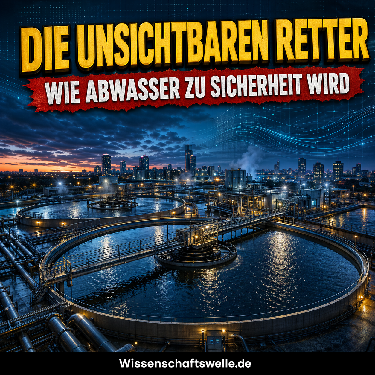 Moderne Kläranlage mit runden Becken, Rohrsystemen und Stadtsilhouette bei dramatischer Abendbeleuchtung.