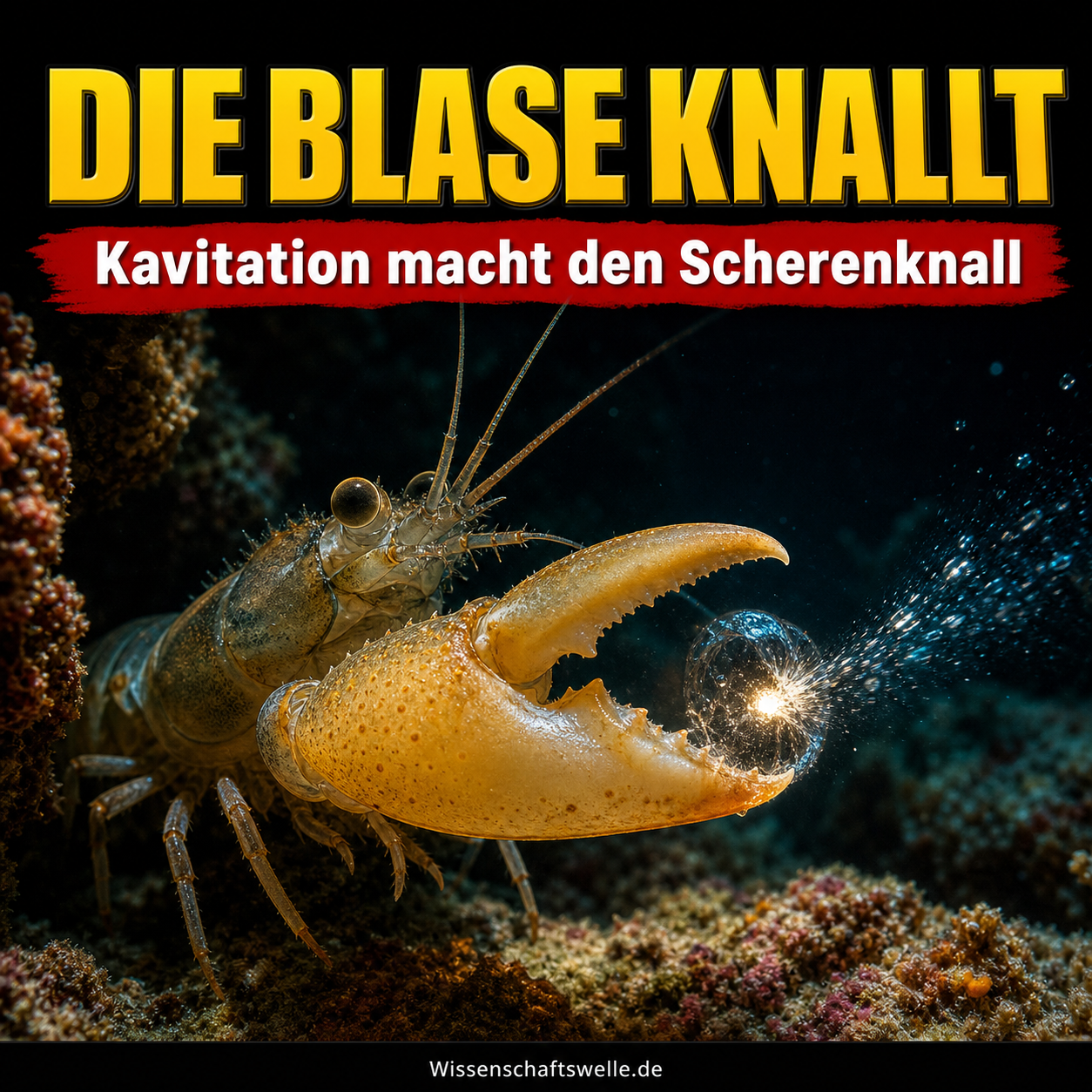 Ein Knallkrebs erzeugt vor seiner vergrößerten Schere eine hell kollabierende Kavitationsblase in einem dunklen Riff.