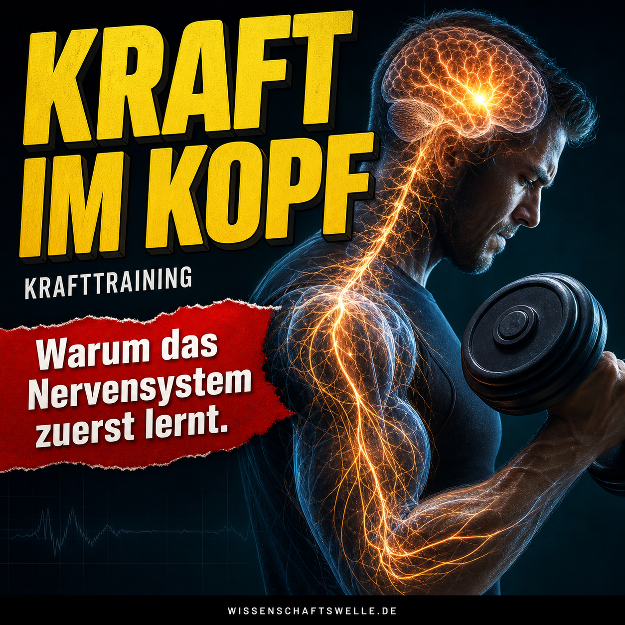 Seitliches Porträt einer Person beim Heben einer Hantel, während Gehirn und obere Nervenbahnen als leuchtende elektrische Struktur sichtbar werden.