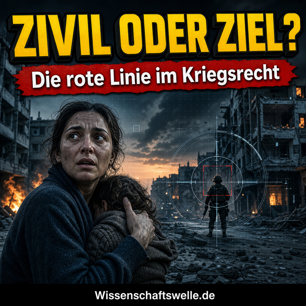 Quadratisches Wissenschaftswelle-Cover mit einer zerstörten Straßenschlucht im Krieg, einer hell hervorgehobenen Zivilperson im Vordergrund und taktischen Zielmarkierungen im Hintergrund. Oben steht in gelber 3D-Schrift „ZIVIL ODER ZIEL?“, darunter auf rotem Banner „Die rote Linie im Kriegsrecht“.
