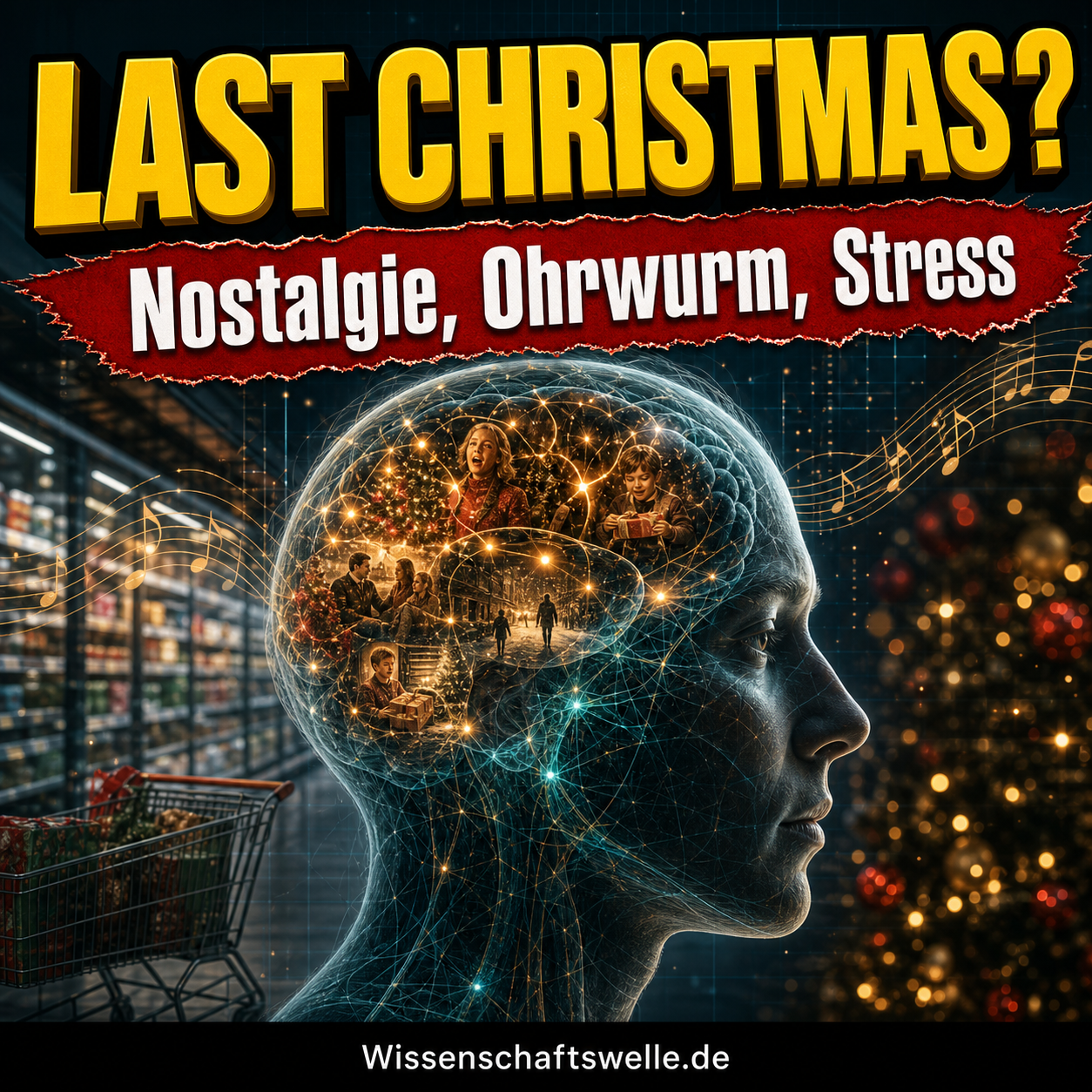 Quadratisches Cover mit einem halbtransparenten Kopfprofil vor winterlichen Lichtern und goldenen Klangwellen, in denen Erinnerungsfragmente und Anspannung zusammenlaufen. Oben steht in großer gelber 3D-Typografie „LAST CHRISTMAS?“, auf einem roten Banner darunter „Nostalgie, Ohrwurm, Stress“.