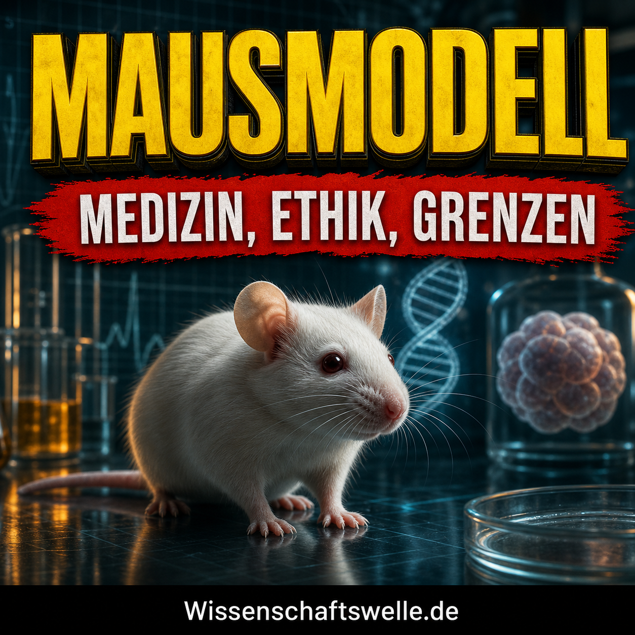 Weiße Labormaus auf dunkler Laborfläche vor DNA-Motiv und Zellkulturglas, als Symbol für Mausmodelle zwischen medizinischem Nutzen und ethischen Grenzen.