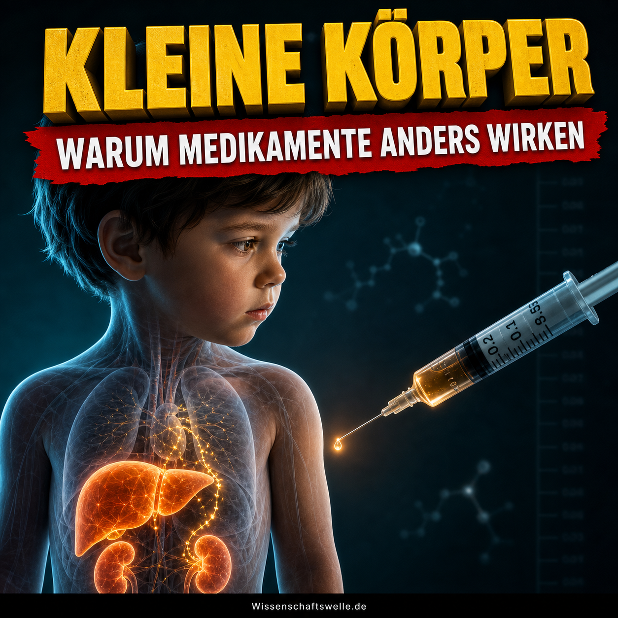 Kind mit transparent dargestellten Organen und leuchtender Spritze als Visualisierung dafür, dass Medikamente im kindlichen Körper anders verarbeitet werden.