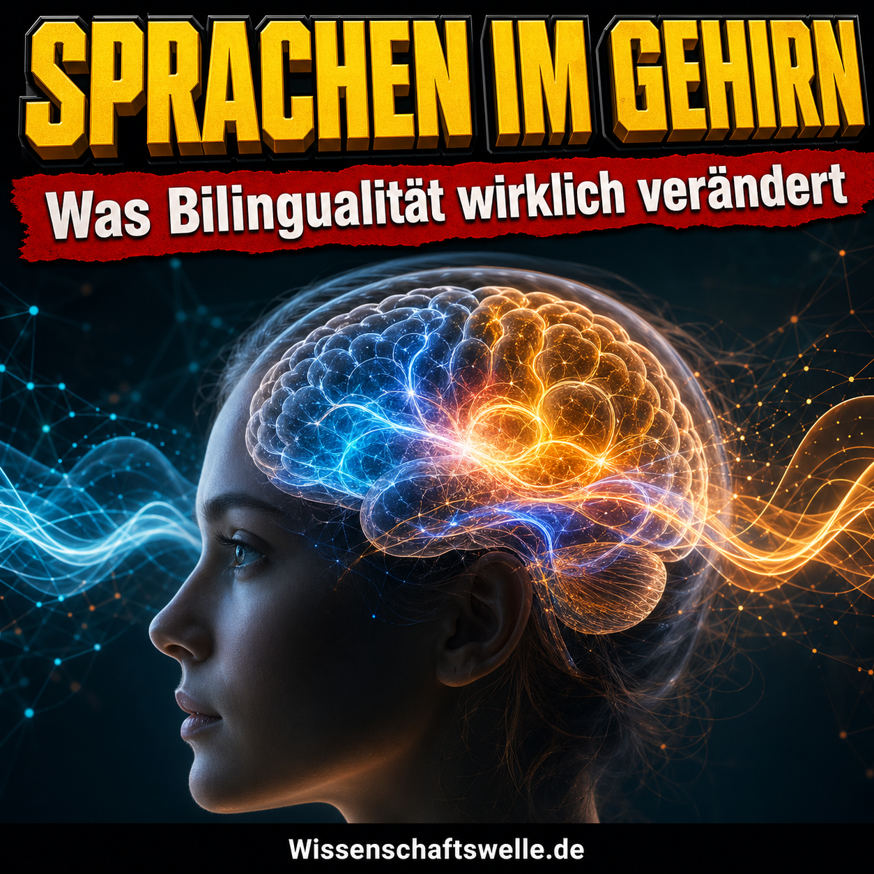 Profil einer Frau vor dunklem Hintergrund, im transparent dargestellten Gehirn leuchten blau-orange neuronale Netzwerke; darüber der Text „Sprachen im Gehirn“.