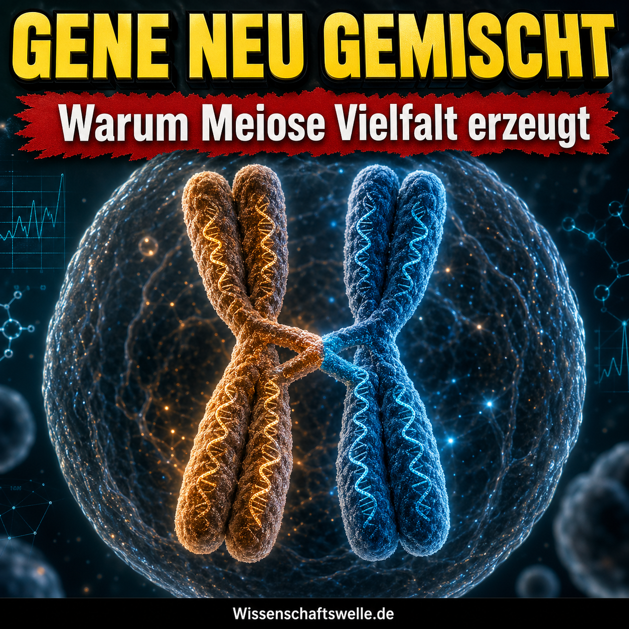 Zwei farblich unterschiedlich leuchtende Chromosomen kreuzen sich vor einem Zellhintergrund und symbolisieren das Crossing-over während der Meiose.