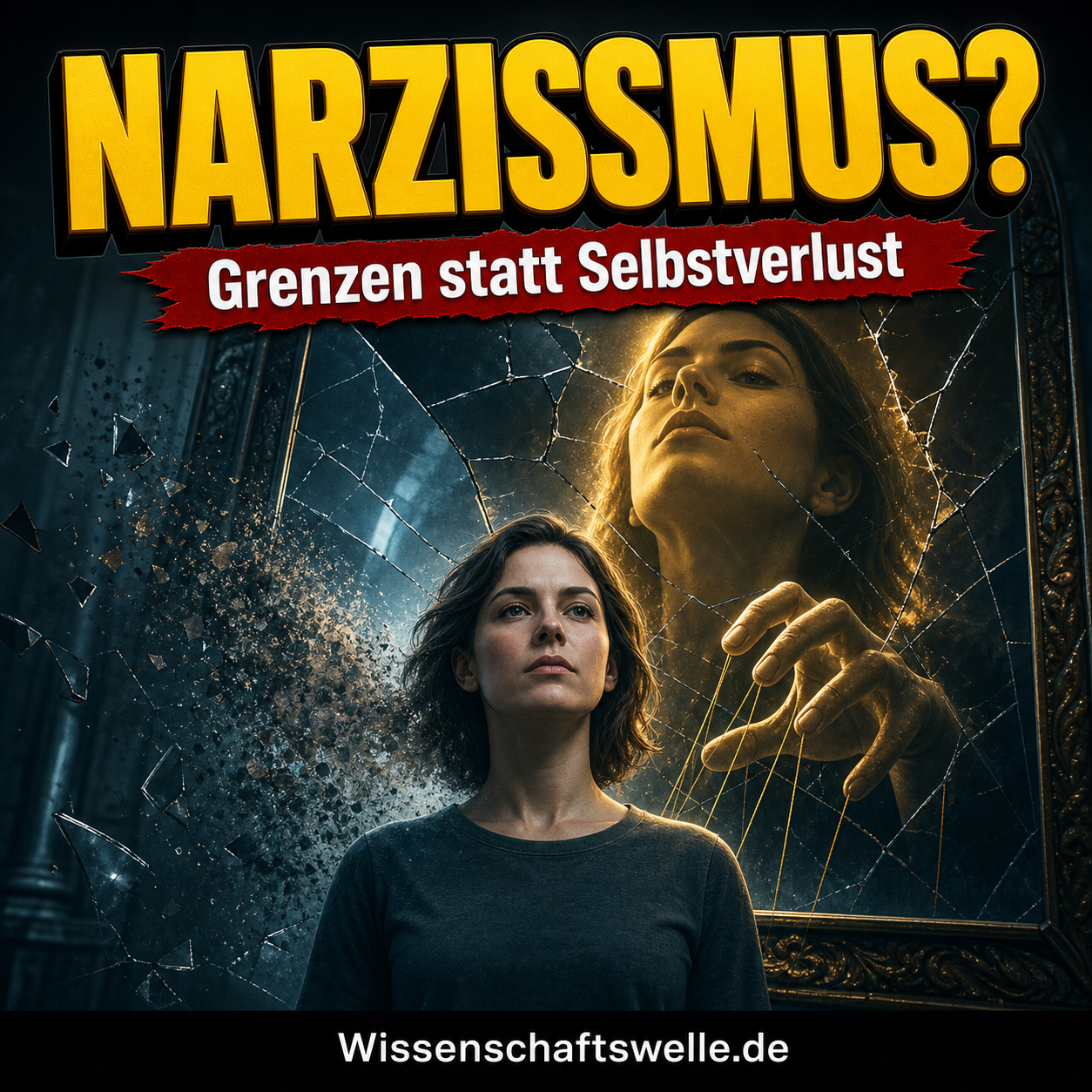 Quadratisches Cover mit einer selbstbewusst aufgerichteten Person im Vordergrund, hinter ihr ein zersplitterter Spiegel und ein übergroßer, goldglänzender Schattenkopf als Symbol narzisstischer Kontrolle; darüber die gelbe Schlagzeile „NARZISSMUS?“ und im roten Banner „Grenzen statt Selbstverlust“.