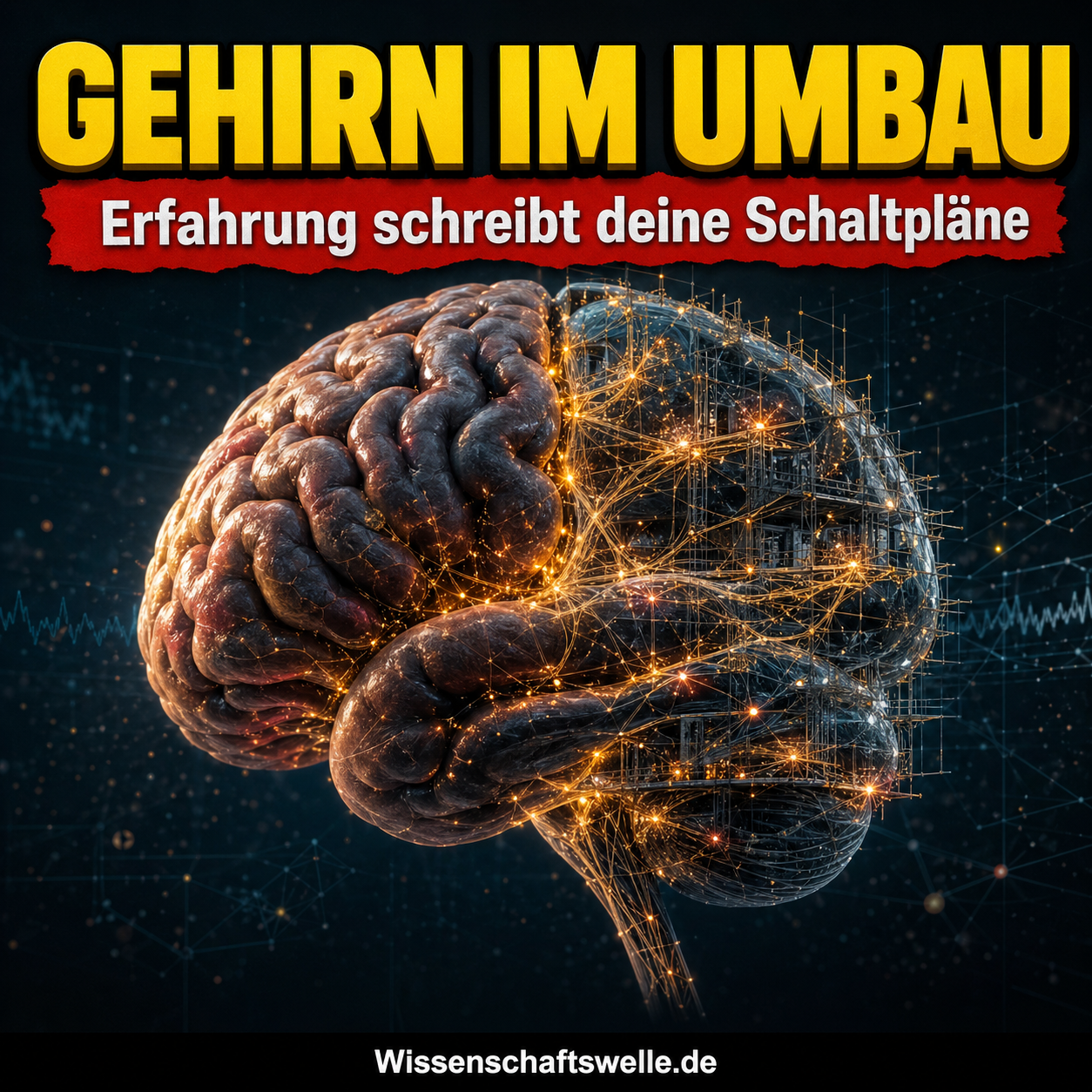 Ein halb biologisches, halb leuchtend vernetztes Gehirn vor dunklem Hintergrund symbolisiert, wie Erfahrung neuronale Architektur umbaut.