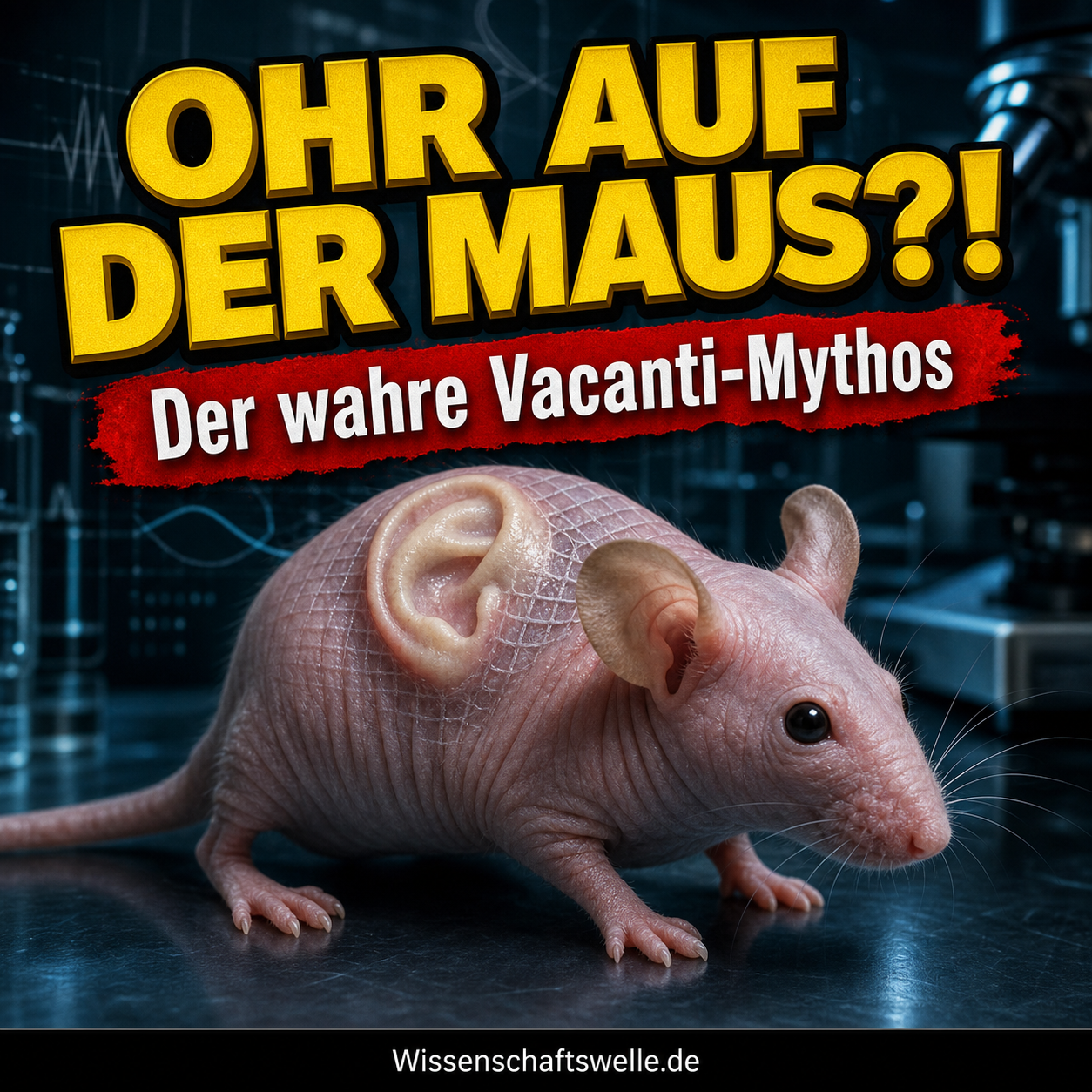 Eine haarlose Labormaus mit einem ohrförmigen Gewebekonstrukt auf dem Rücken, dramatisch ausgeleuchtet im Stil eines Wissenschaftsmagazins.