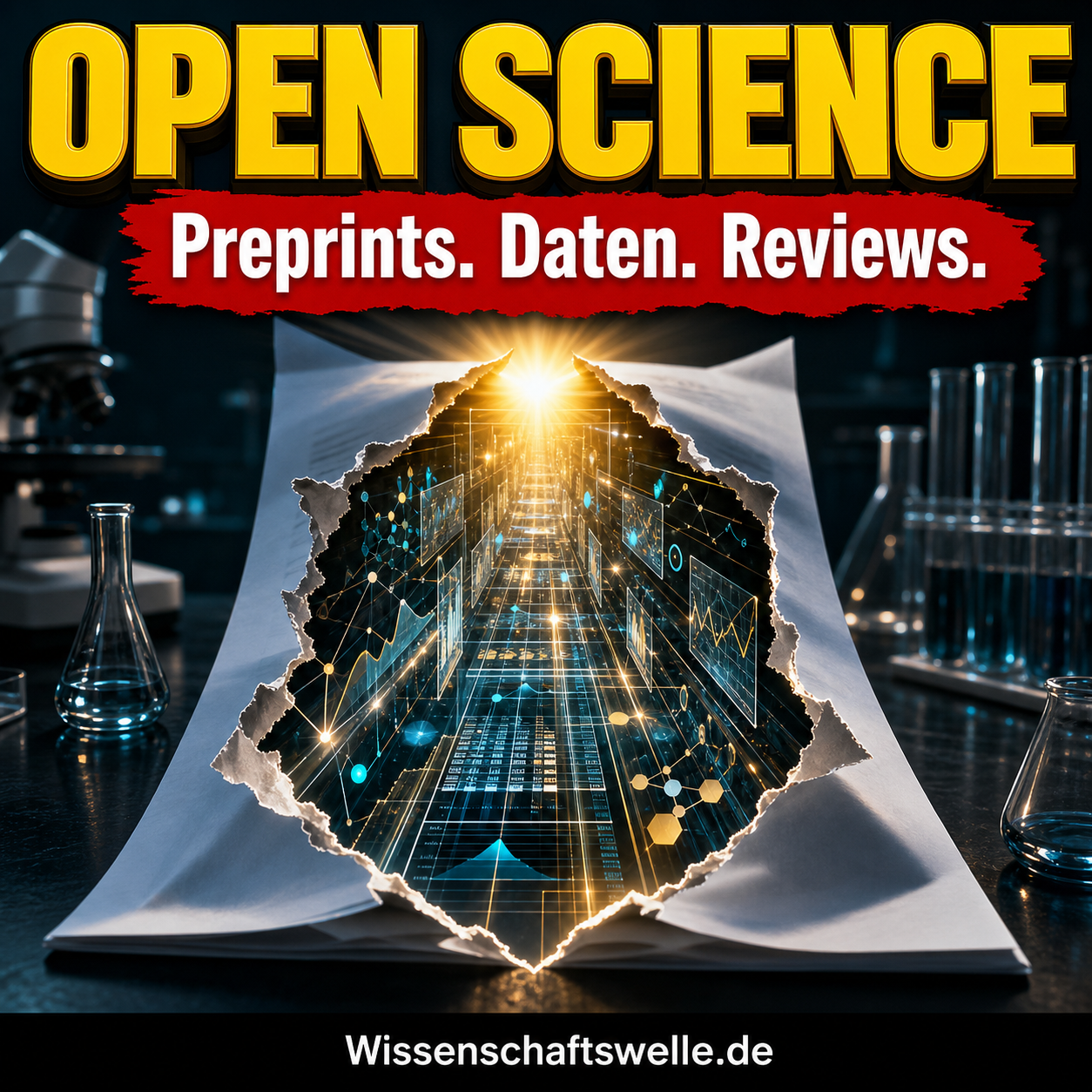 Quadratisches Cover mit der gelben Überschrift "OPEN SCIENCE", dem roten Banner "Preprints. Daten. Reviews." und einem aufgerissenen Forschungspaper, das sich als leuchtender digitaler Datenkorridor öffnet; unten schwarzer Footer mit dem Schriftzug Wissenschaftswelle.de.