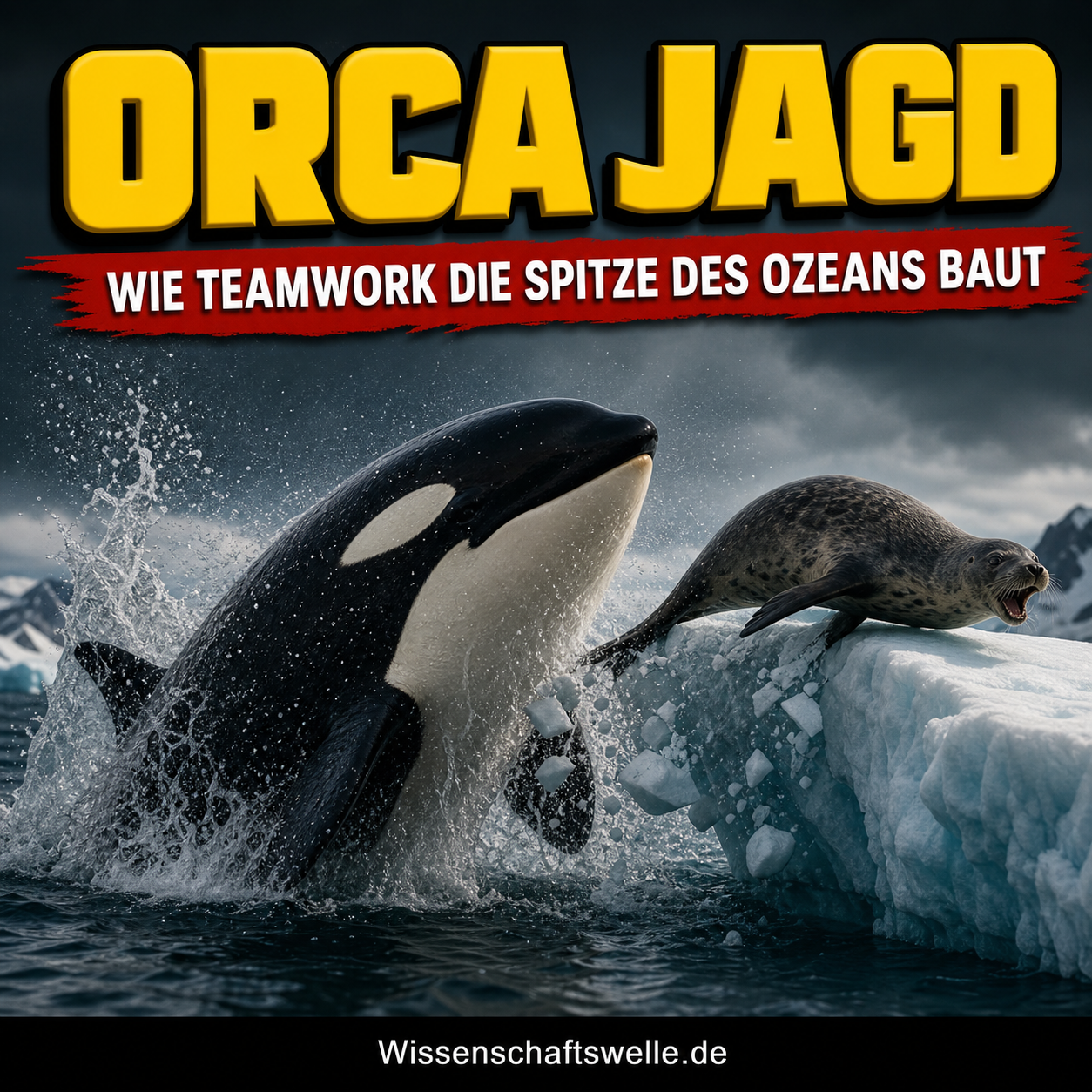 Ein Orca schießt aus dunklem Wasser nach oben, während über ihm eine Robbe auf einer aufbrechenden Eisscholle steht; darüber eine große gelbe Wissenschaftswelle-Headline und ein rotes Banner zur koordinierten Jagd.