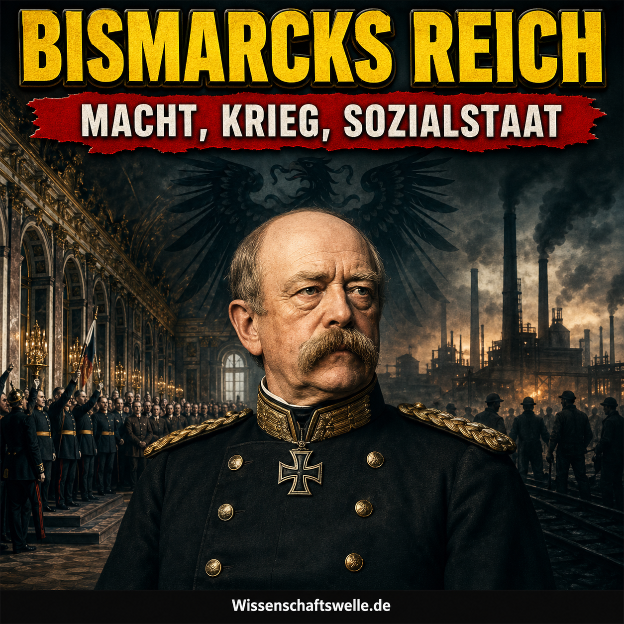 Porträt von Otto von Bismarck vor einer dramatischen Collage aus Reichsgründung und Industrie, darüber die Schlagzeilen „BISMARCKS REICH“ und „MACHT, KRIEG, SOZIALSTAAT“.