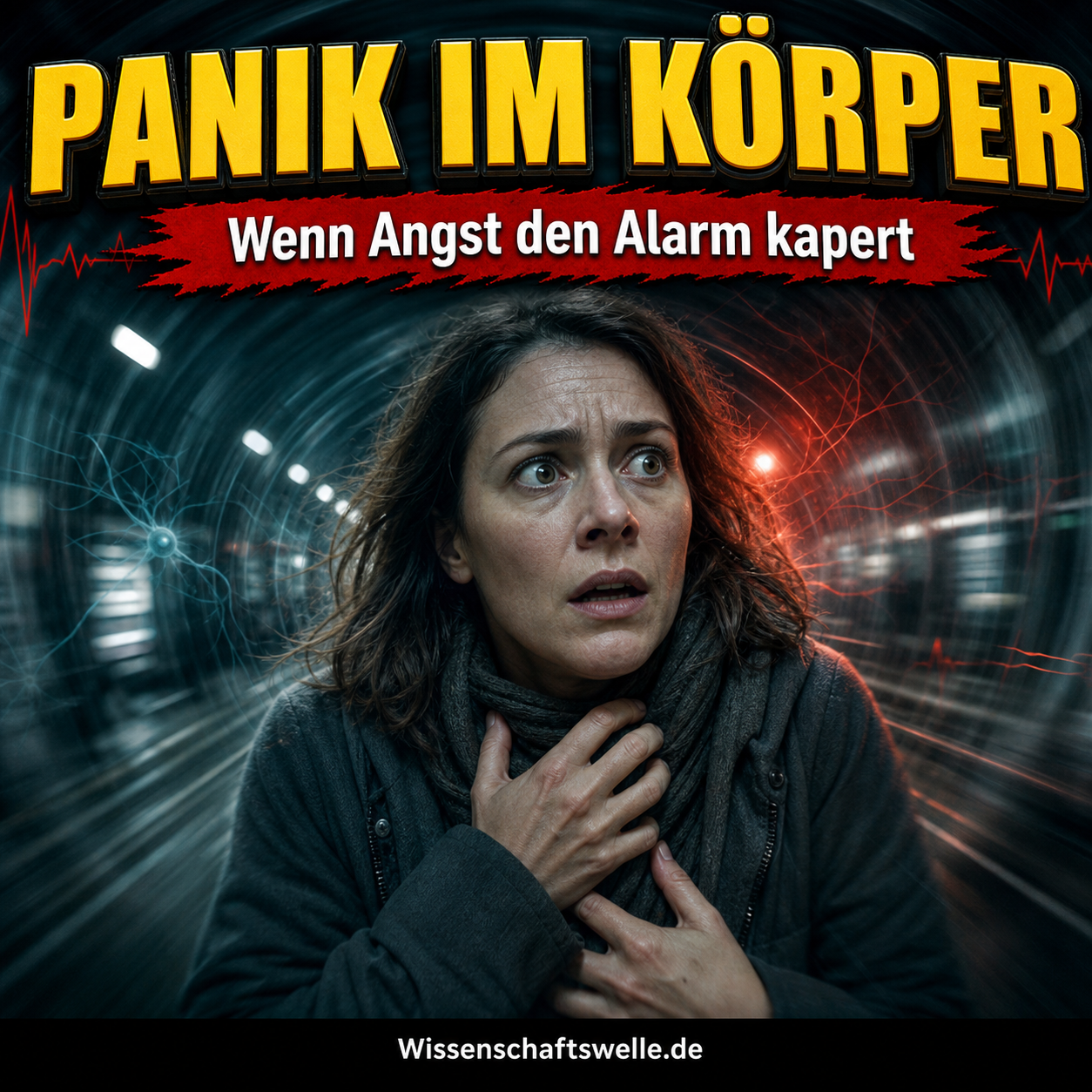 Quadratisches Cover mit einer verängstigt wirkenden Frau in tunnelartiger Umgebung, die sich an Hals und Brust fasst, dazu die Überschrift „Panik im Körper“ und der Banner „Wenn Angst den Alarm kapert“.