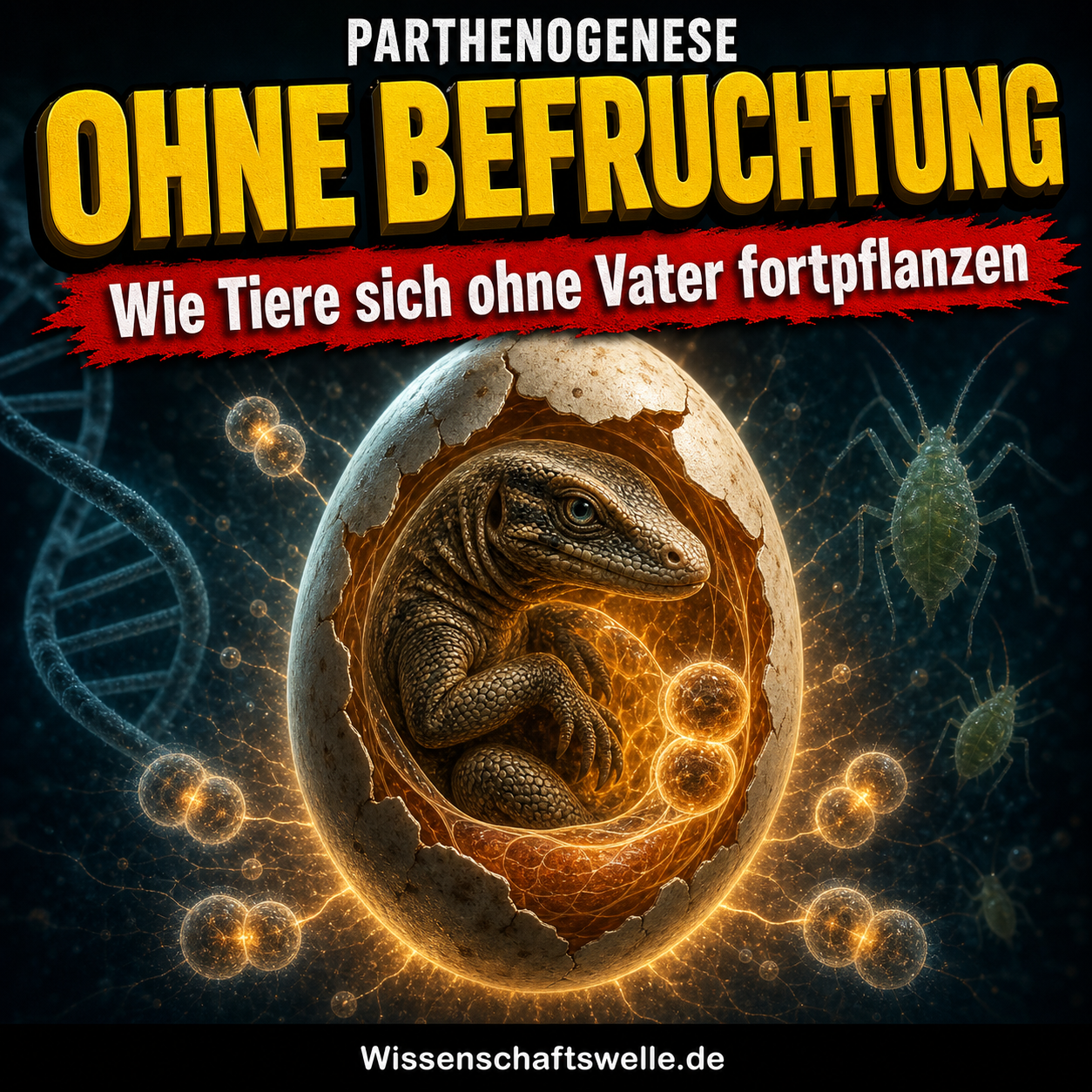 Quadratisches Cover mit einer leuchtend aufgebrochenen Echseneierschale, in der ein reptilienartiger Embryo sitzt, umgeben von goldenen Zellteilungslichtern, DNA-Strang und Blattlaus-Silhouetten; dazu die gelbe Überschrift „OHNE BEFRUCHTUNG“, der rote Banner „Wie Tiere sich ohne Vater fortpflanzen“ und unten das Branding „Wissenschaftswelle.de“.