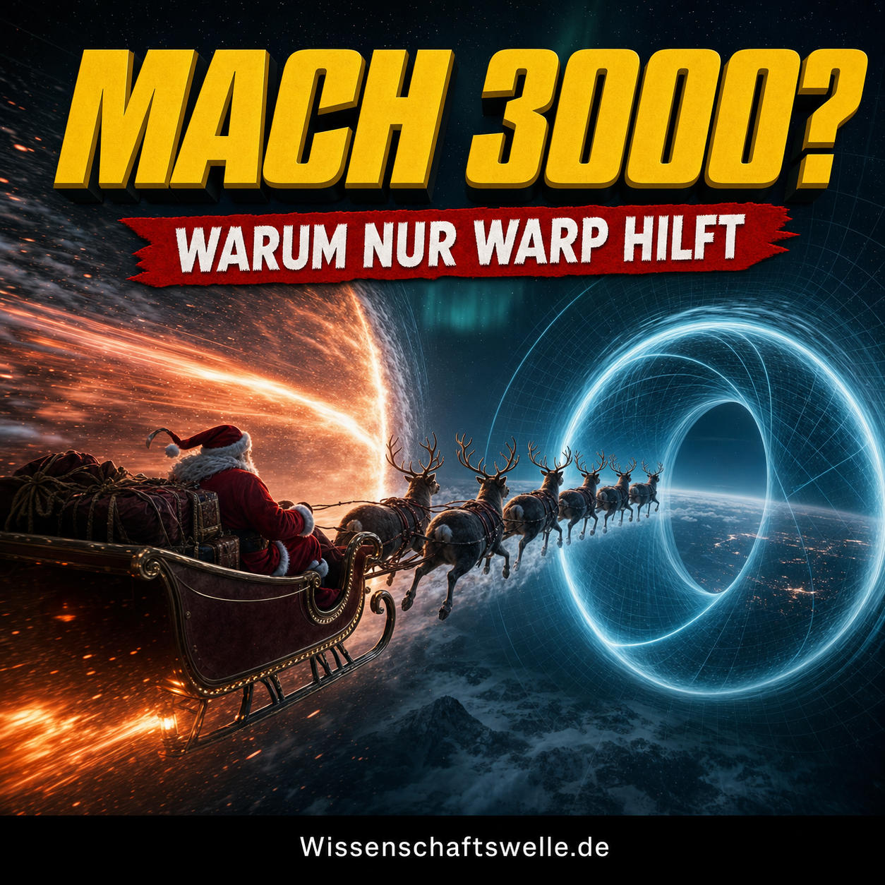Ein hyperrealistischer Weihnachtsschlitten rast durch eine glühende Stoßfront, während sich vor ihm eine leuchtende verzerrte Raumzeitblase öffnet.