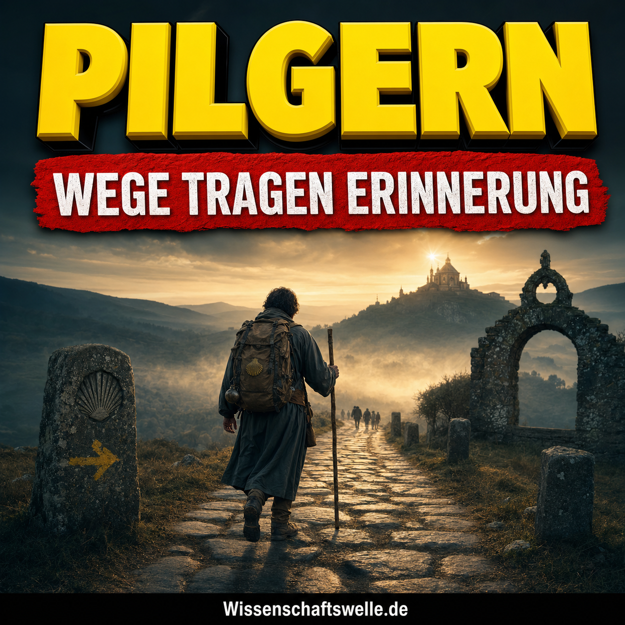 Ein Pilger mit Rucksack und Stab geht auf einem alten Steinweg durch morgendlichen Nebel auf eine leuchtende Wallfahrtskirche zu; darüber stehen die Worte „PILGERN“ und „WEGE TRAGEN ERINNERUNG“.