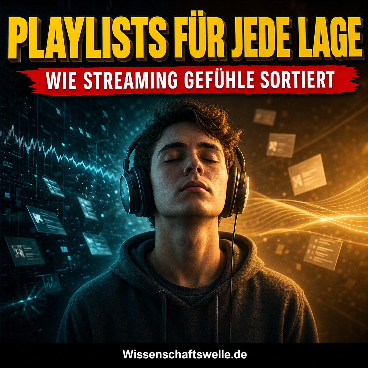 Quadratisches Cover mit einer Person in großen Kopfhörern zwischen kühlem blauem Datenlicht und warmen goldenen Klangwellen sowie der gelben Überschrift „Playlists für jede Lage“ und dem roten Banner „Wie Streaming Gefühle sortiert“.