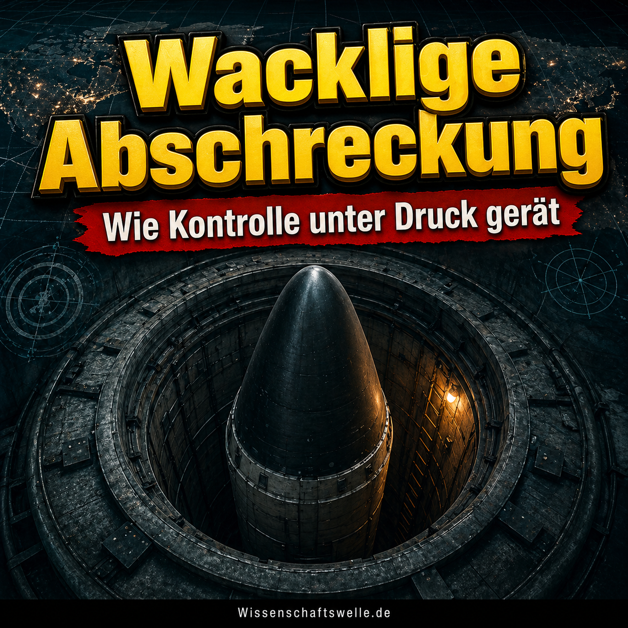 Quadratisches Cover mit einer atomaren Rakete in einem dunklen Silo, darüber die gelbe Überschrift „Wacklige Abschreckung“ und ein roter Banner mit dem Text „Wie Kontrolle unter Druck gerät“.