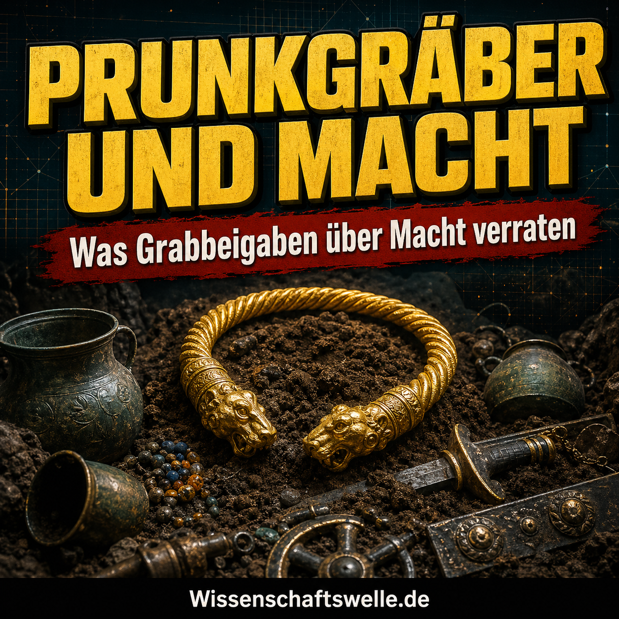 Quadratisches Cover mit großer gelber Überschrift „Prunkgräber und Macht“, rotem Banner „Was Grabbeigaben über Macht verraten“ und einer dramatisch beleuchteten Grabkammer mit goldenem Halsring, Gefäßen, Perlen und Waffenresten im Erdreich.
